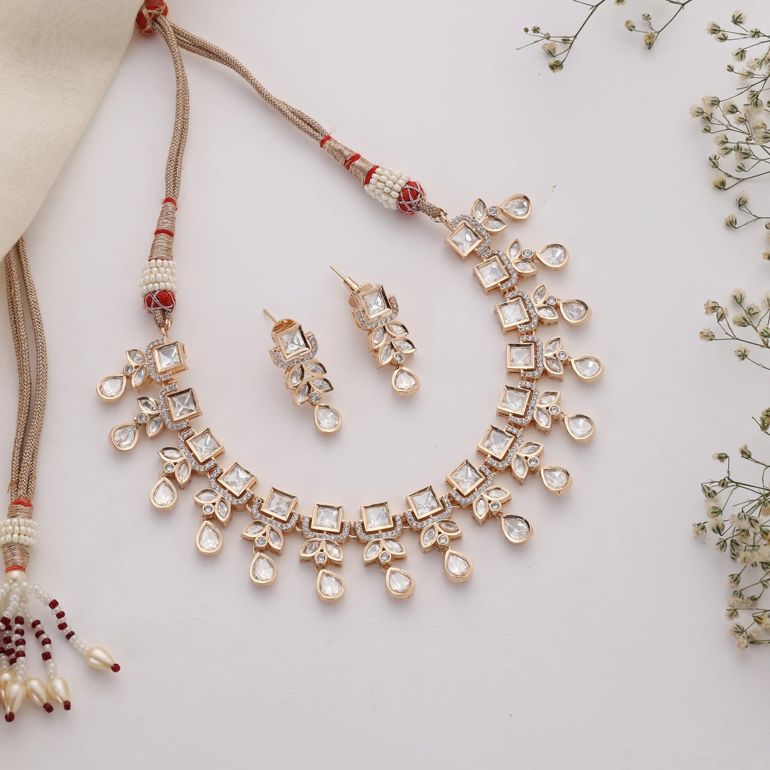 Uncut Mozonite Teardrop l Choker Necklace Set with Dangle Earrings (Copy)
