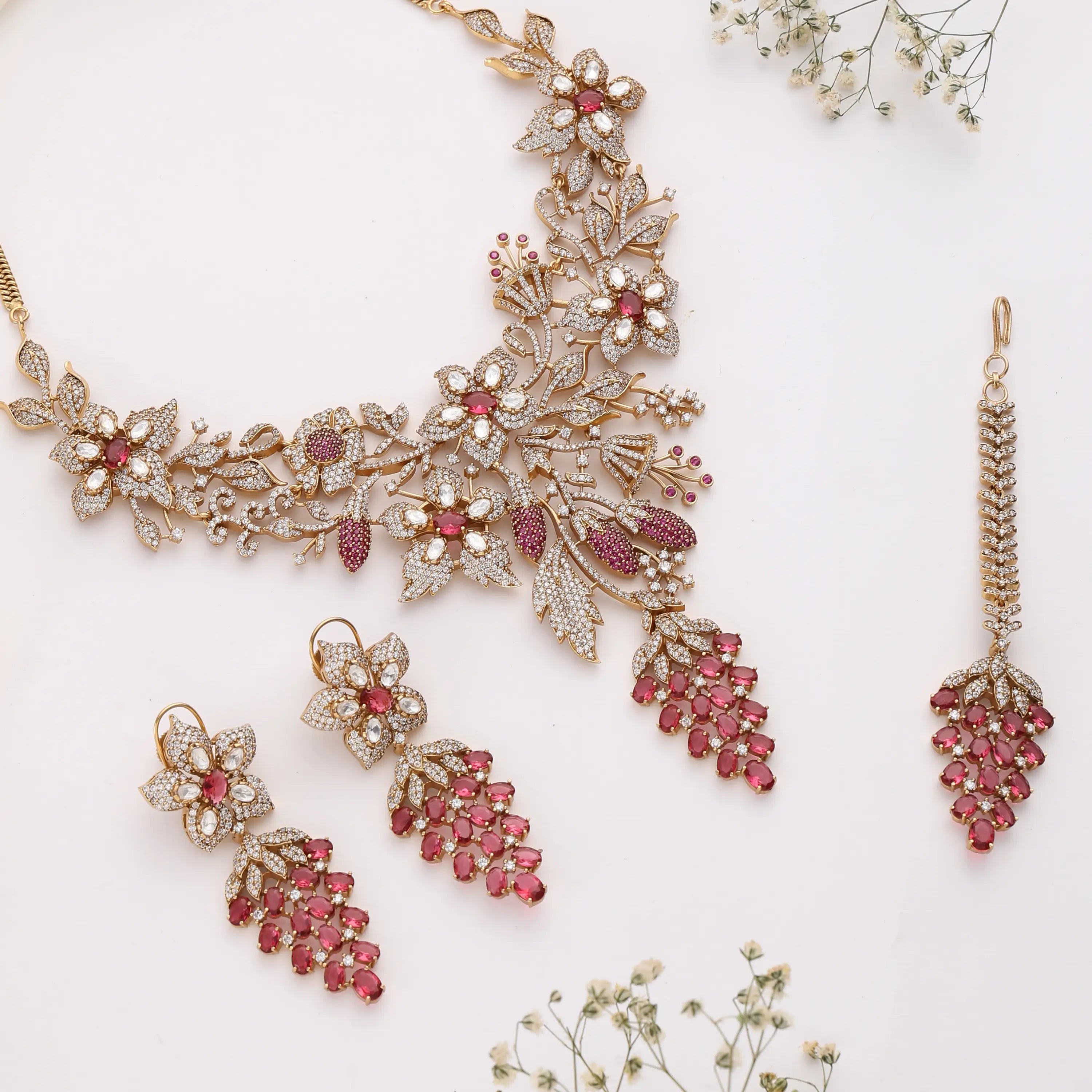 Ruby Floral Statement Necklace Set with Earrings & Maang Tikka