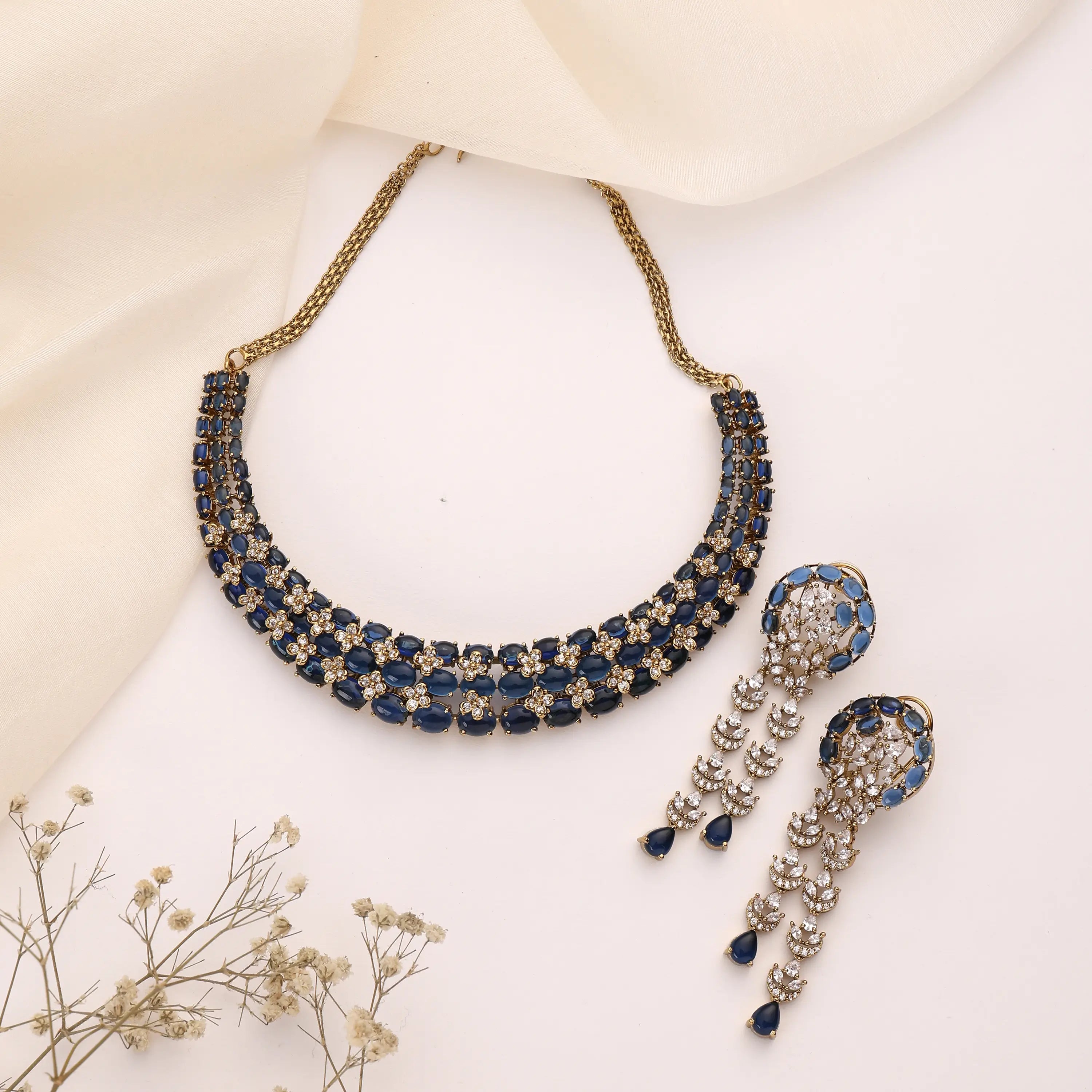 Miral Sapphire Blue Choker Necklace Set with Statement Earrings