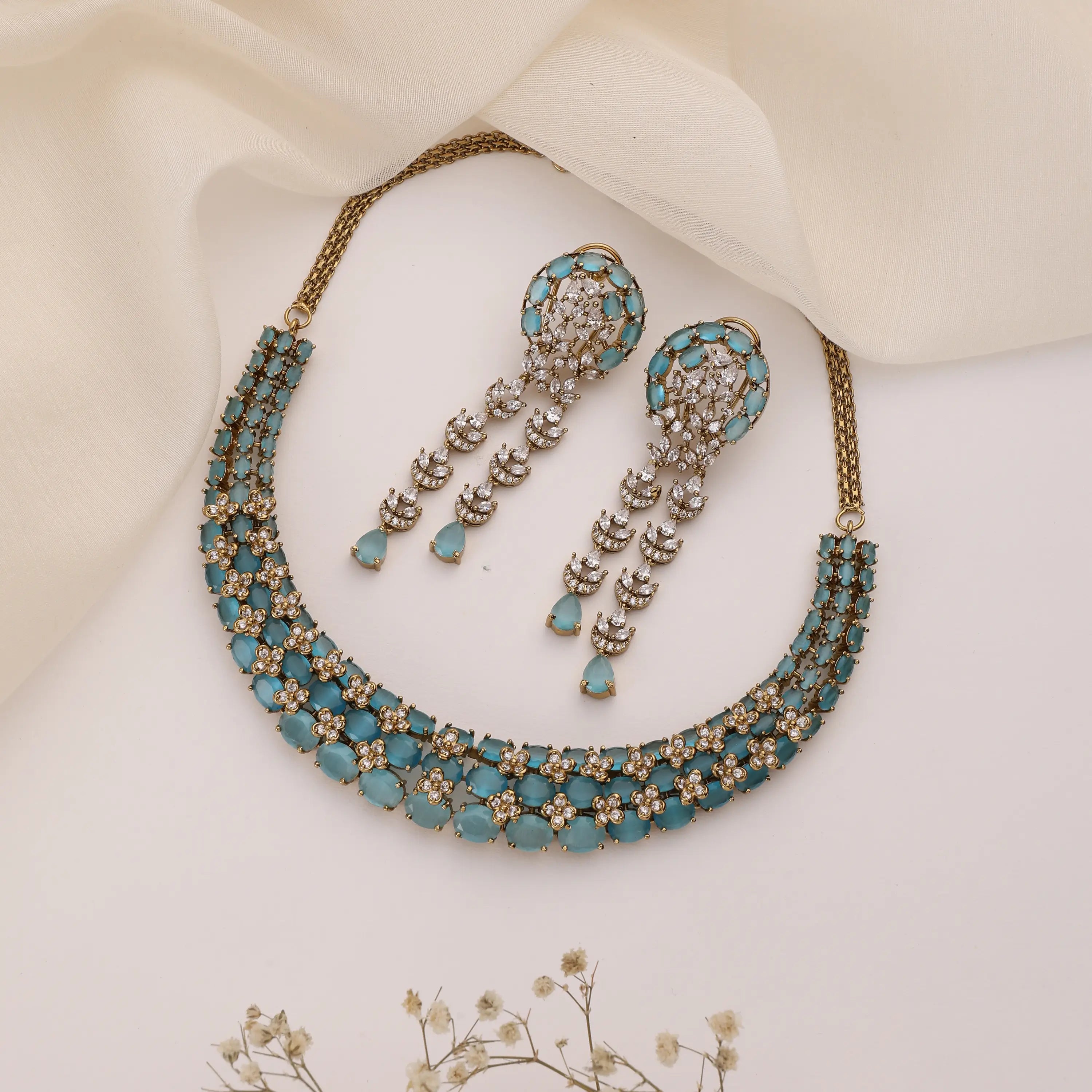 Miral Aqua Choker Necklace Set with Statement Earrings