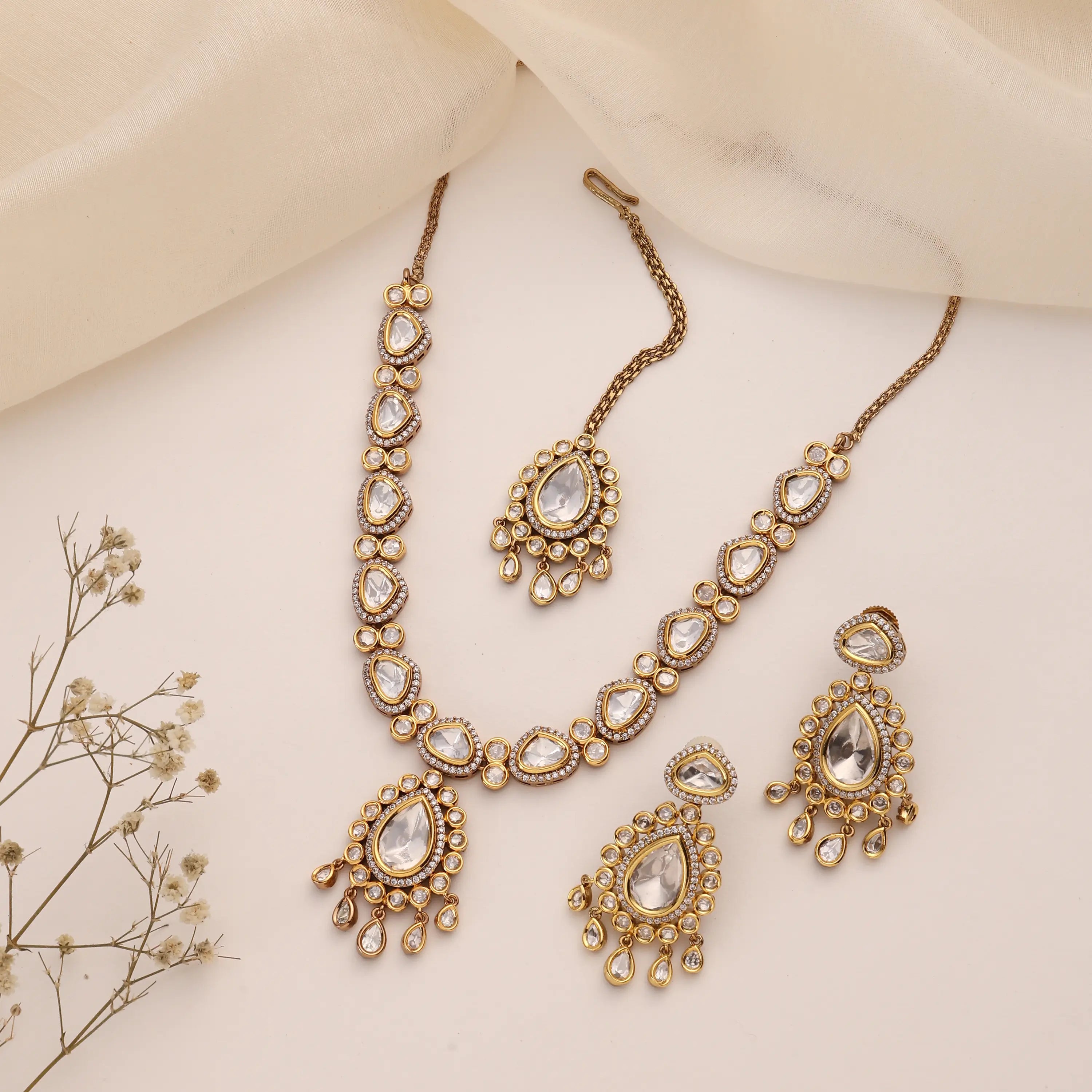 Celestia Teardrop Mozonite Polki Necklace Set – Earrings & Tikka Bridal Ensemble