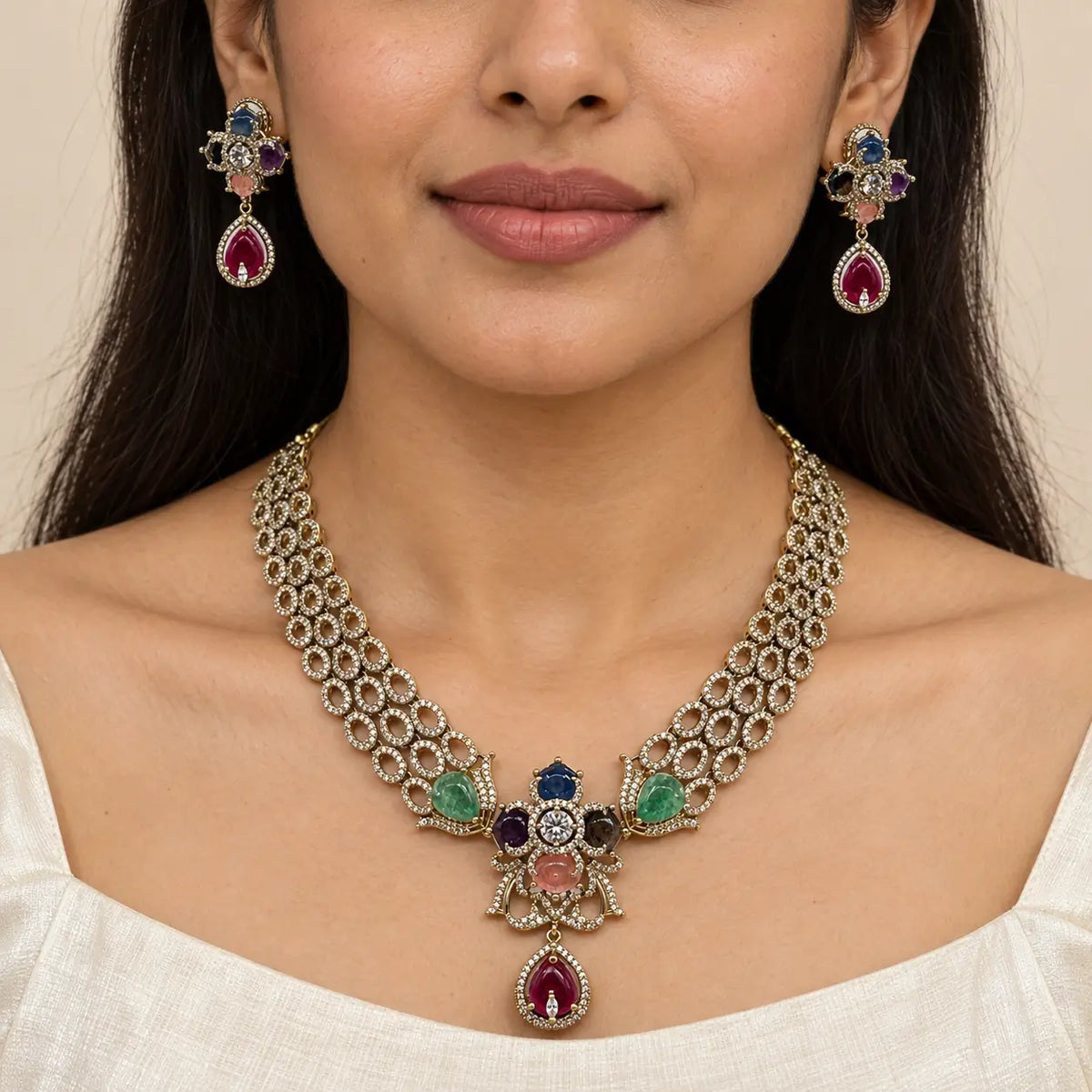 Iravya Multicolor CZ Statement Necklace Set