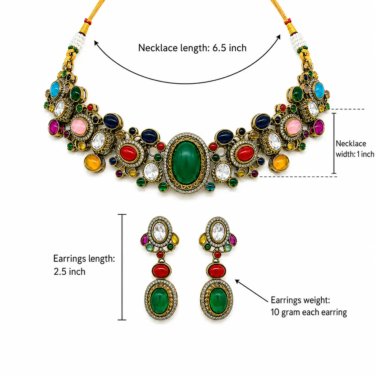 A multicolor jewelry set featuring a statement necklace and matching drop earrings with green, red, pink, blue, yellow, and white stones in gold-toned settings, shown on a white background with measurement annotations.