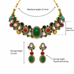 A multicolor jewelry set featuring a statement necklace and matching drop earrings with green, red, pink, blue, yellow, and white stones in gold-toned settings, shown on a white background with measurement annotations.