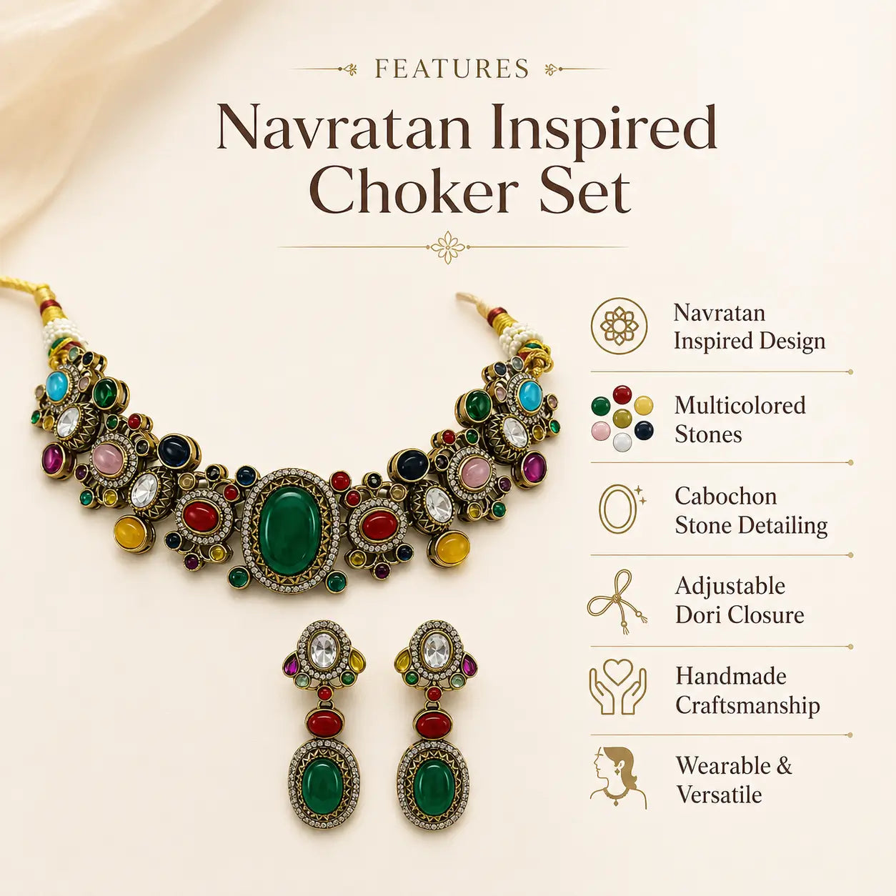 Navratan-inspired choker set with matching drop earrings on a warm cream background, featuring a large central green oval stone surrounded by multicolored stones and gold-toned detailing. Text on the right lists features including multicolored stones, cabochon stone detailing, adjustable dori closure, handmade craftsmanship, and wearability.