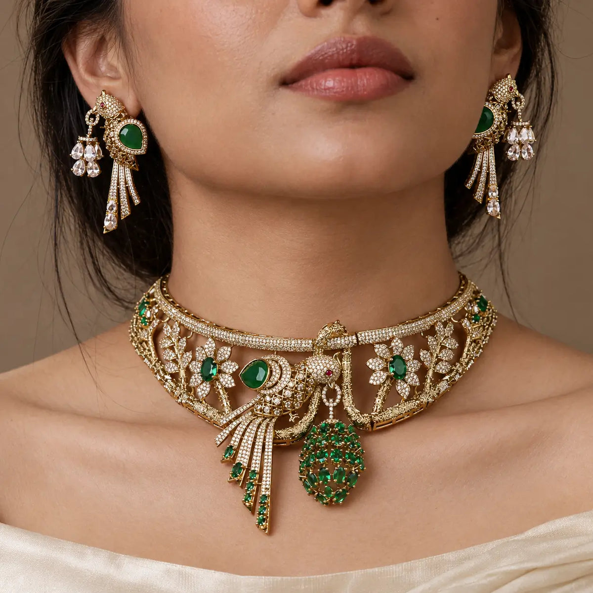 Vanika Emerald Green Parrot & Floral CZ Choker Set with Earrings