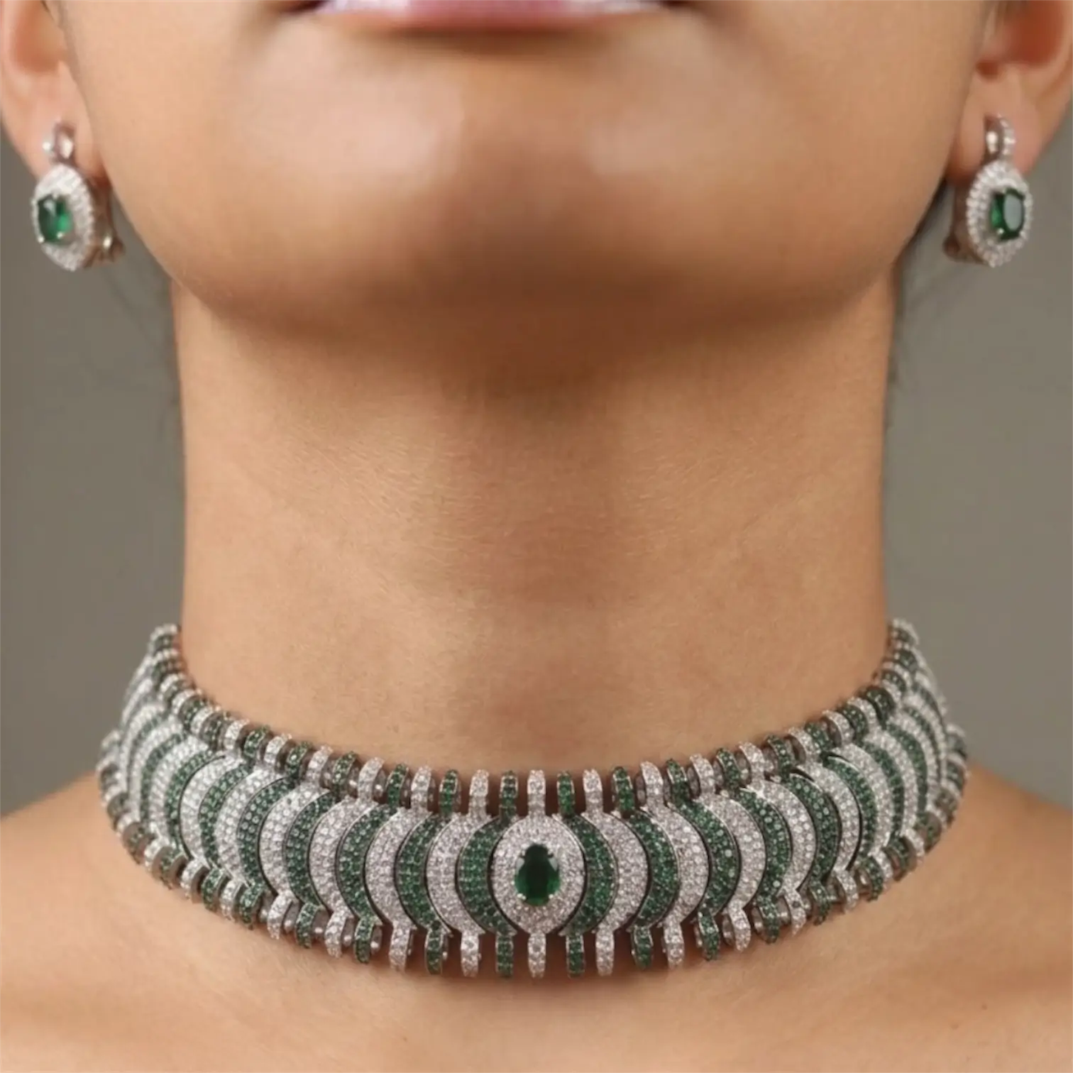 Astrid Emerald Pavé CZ Diamond Choker Set in Silver Rhodium