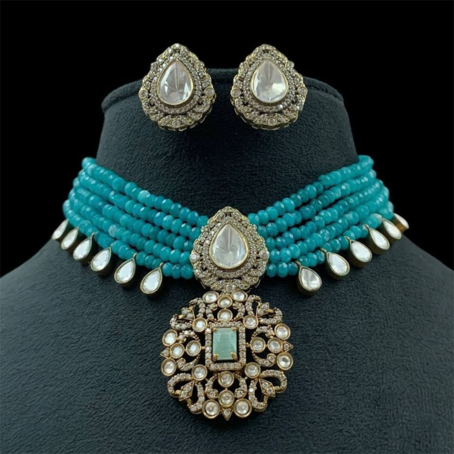 Turquoise Beaded Kundan Choker Necklace Set with Statement Pendant