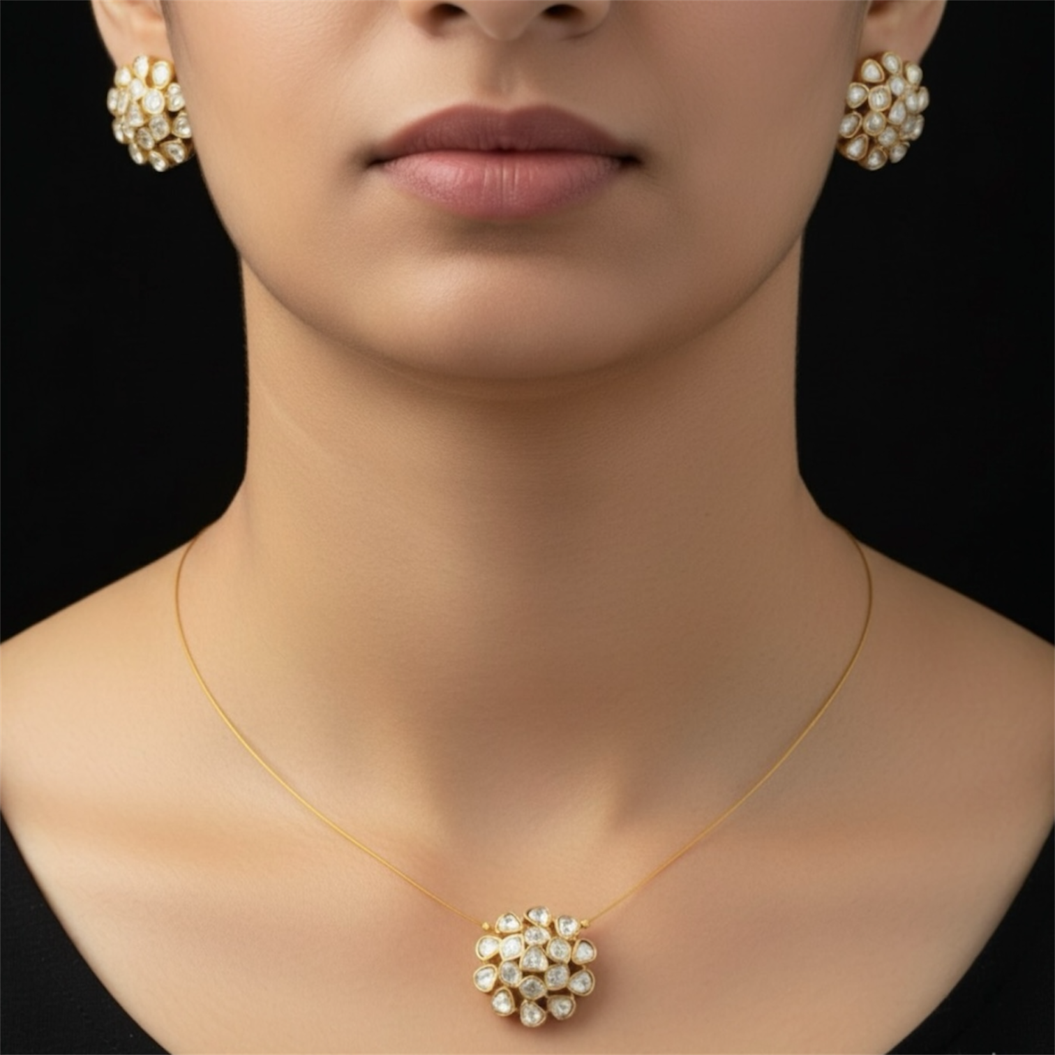 Minimal Kundan Pendant Necklace Set with Stud Earrings – Gold Tone
