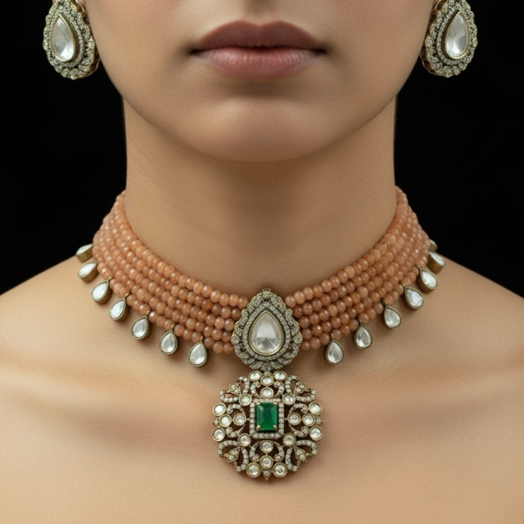 Peach Beaded Kundan Choker Necklace Set with Emerald Pendant