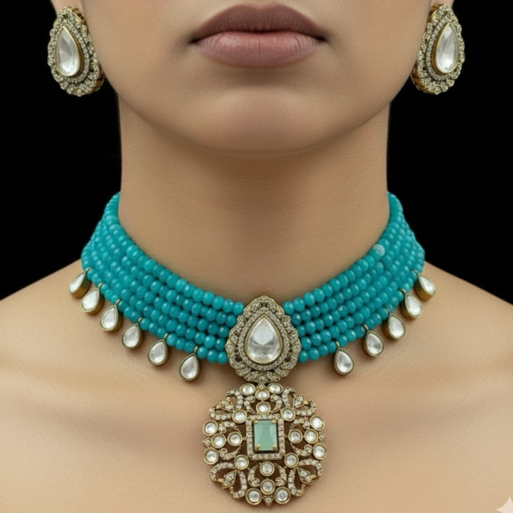 Turquoise Beaded Kundan Choker Necklace Set with Statement Pendant