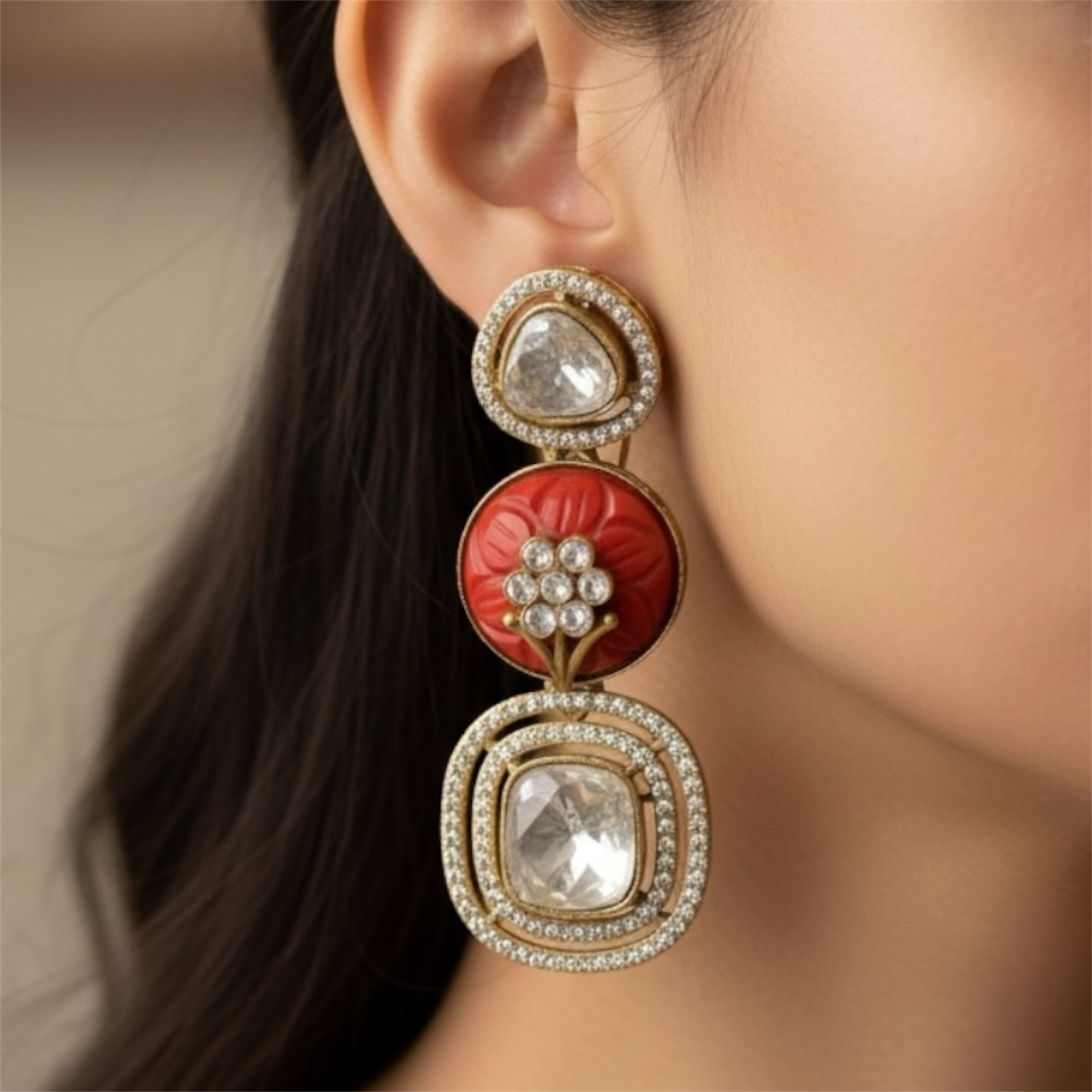 Antique Coral Red Kundan Earrings