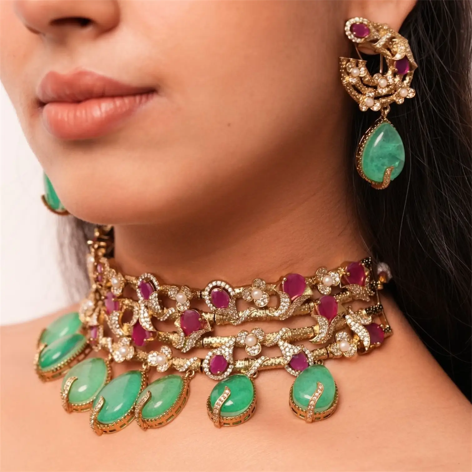 Geeta Ruby Mint Moissanite Choker Set