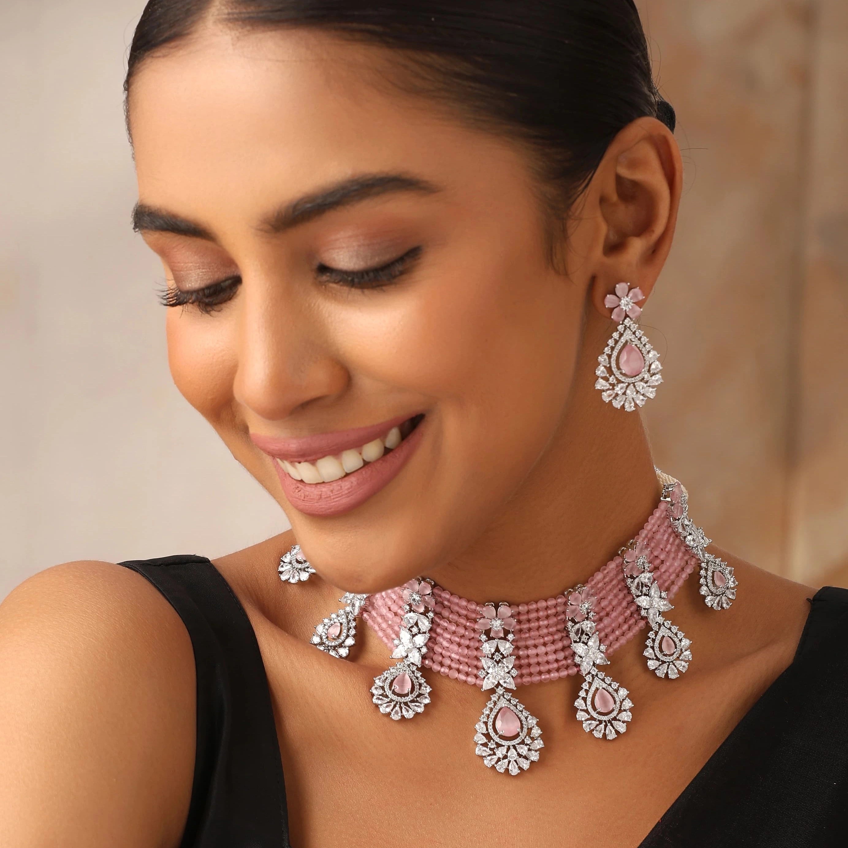 Pink Stone Bridal Choker Necklace Set for Weddings
