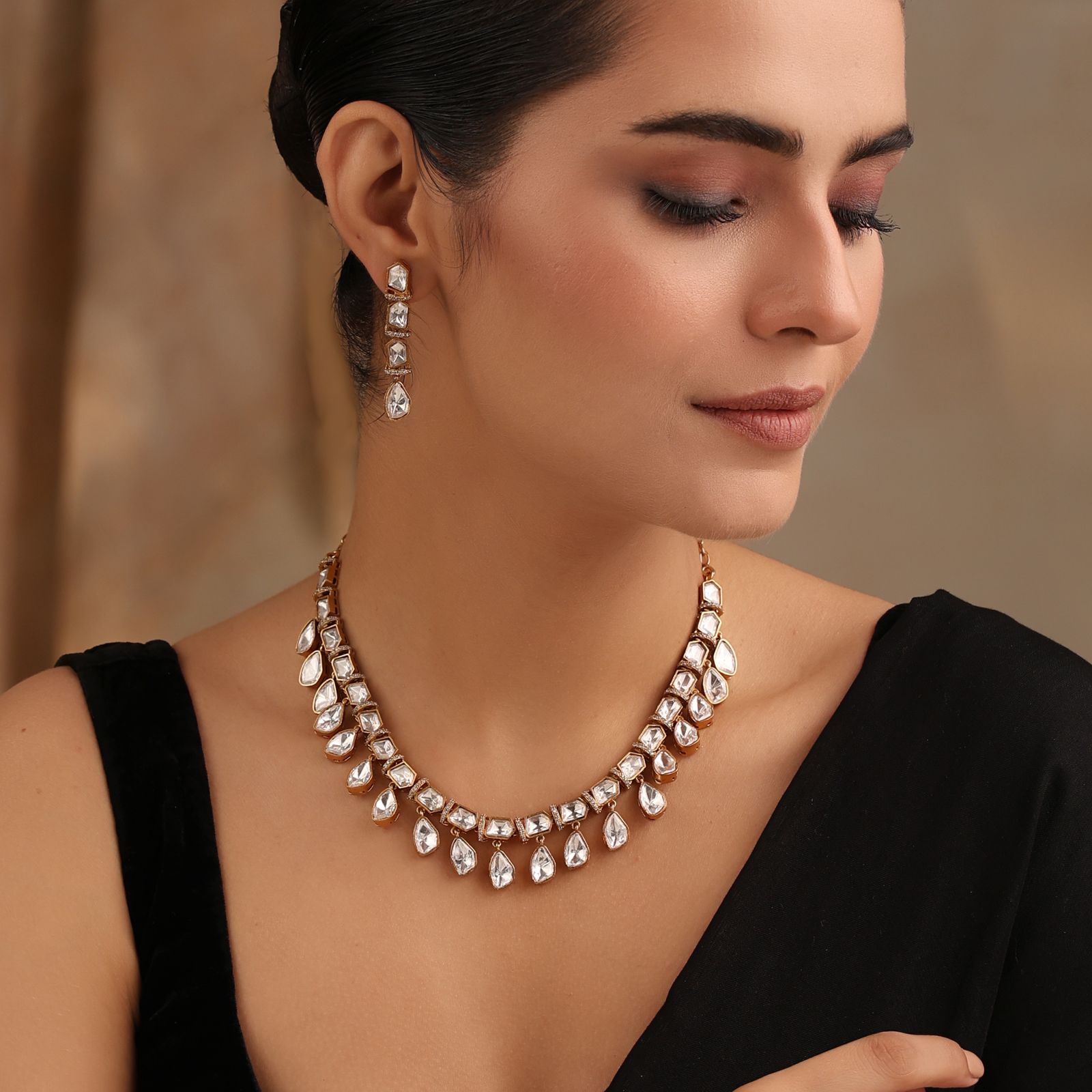 Uncut Polki Antique Necklace with Earrings front view