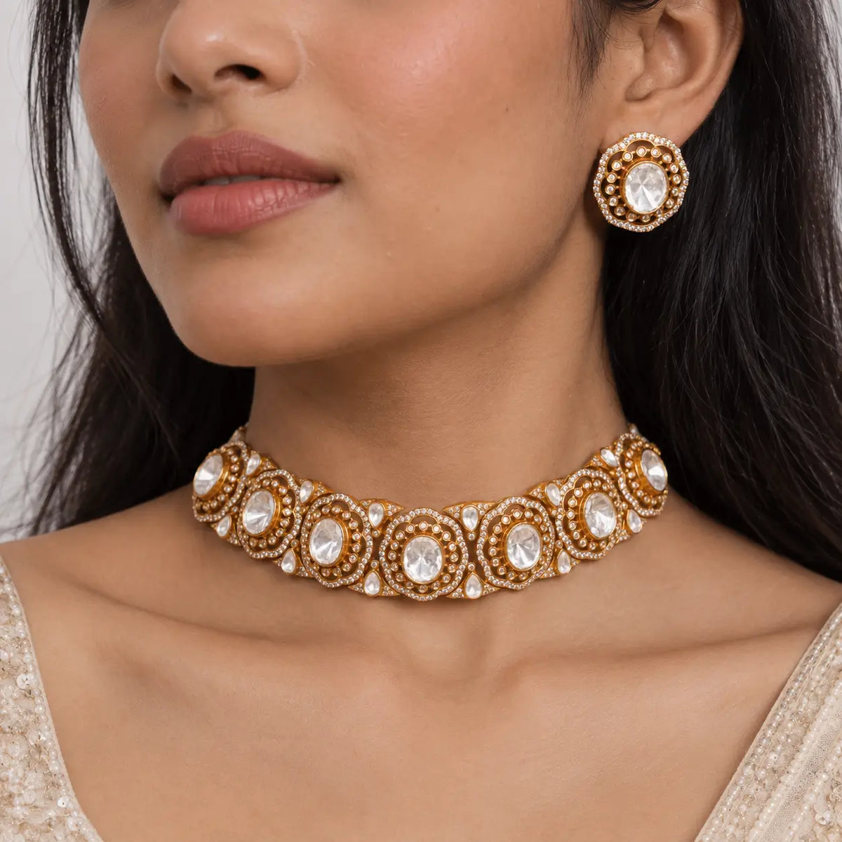 Neha Mosonite Clear Kundan Choker with studs