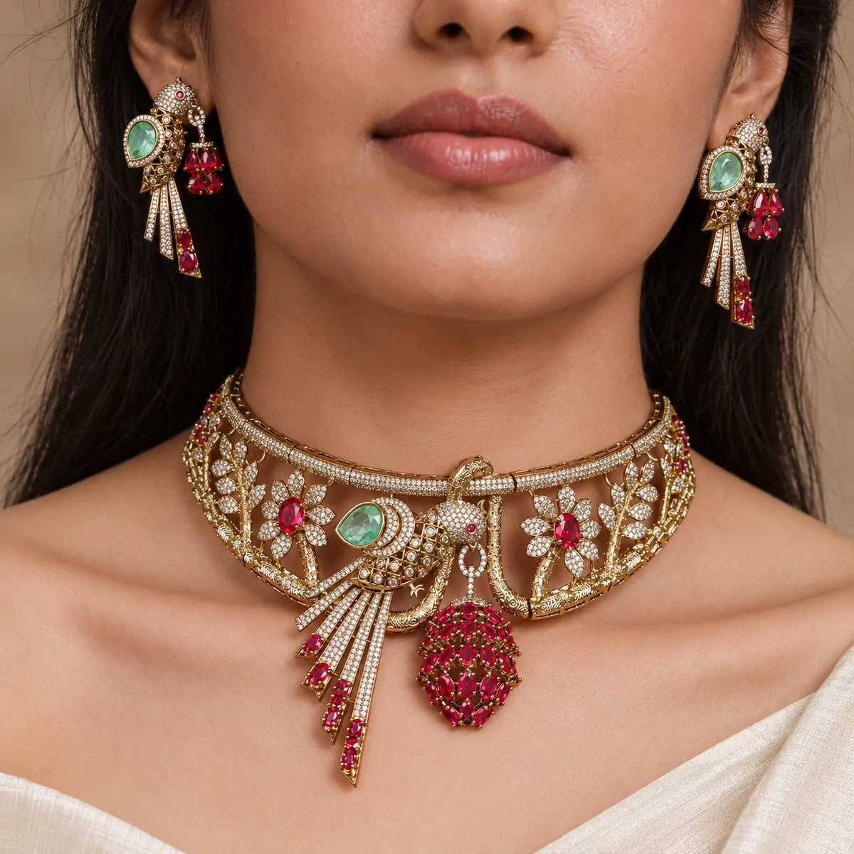 Vanika Ruby Red & Green Bird CZ Choker Set with Earrings