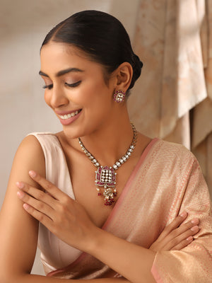 Long moissanite ruby necklace set with antique gold finish and matching stud earrings
