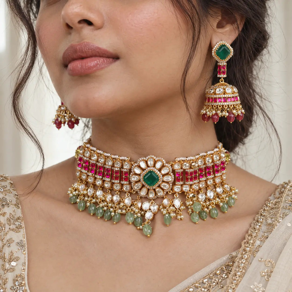 Vira Emerald Ruby Kundan Choker Necklace Set (Necklace +Earrings)