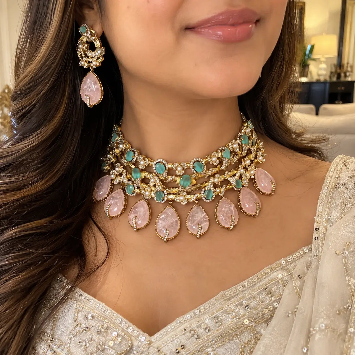 Geeta Mint Pink Moissanite Choker Set