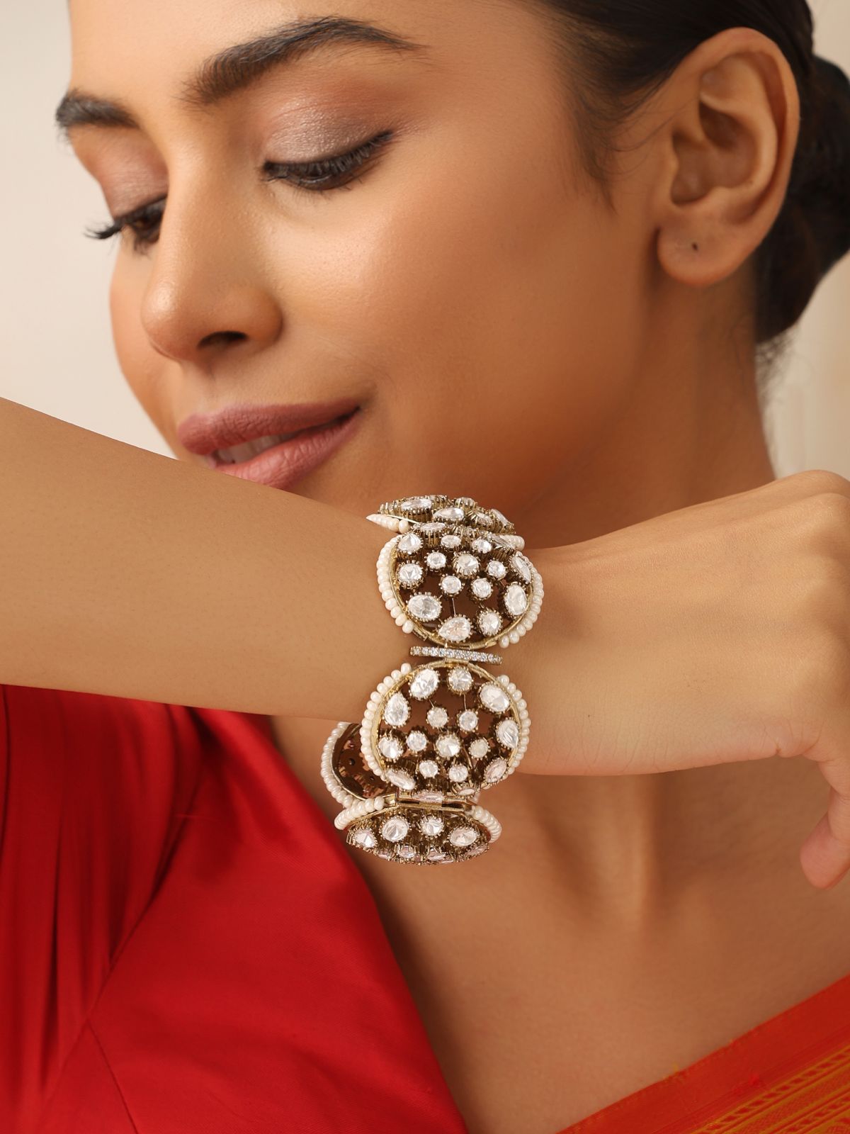Antique Polki Mosanite Kada with Pearl Detailing