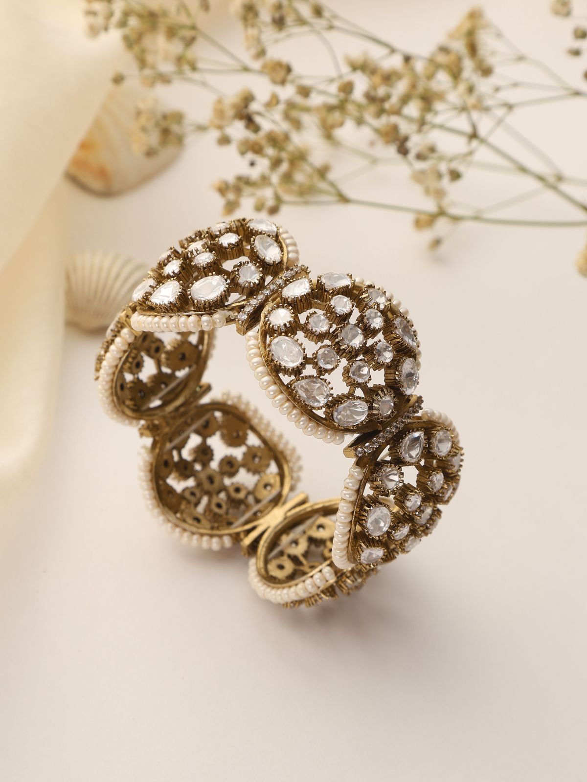Antique Polki Mosanite Kada with Pearl Detailing