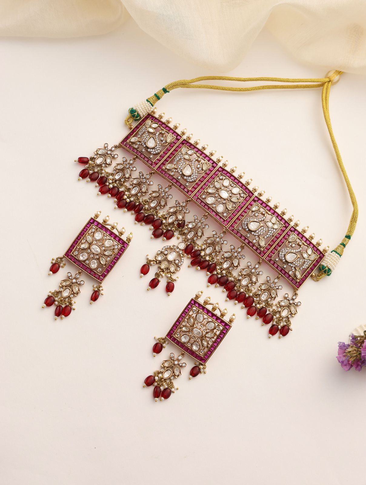 Antique Square Ruby Drop Choker Set with Kundan Stones