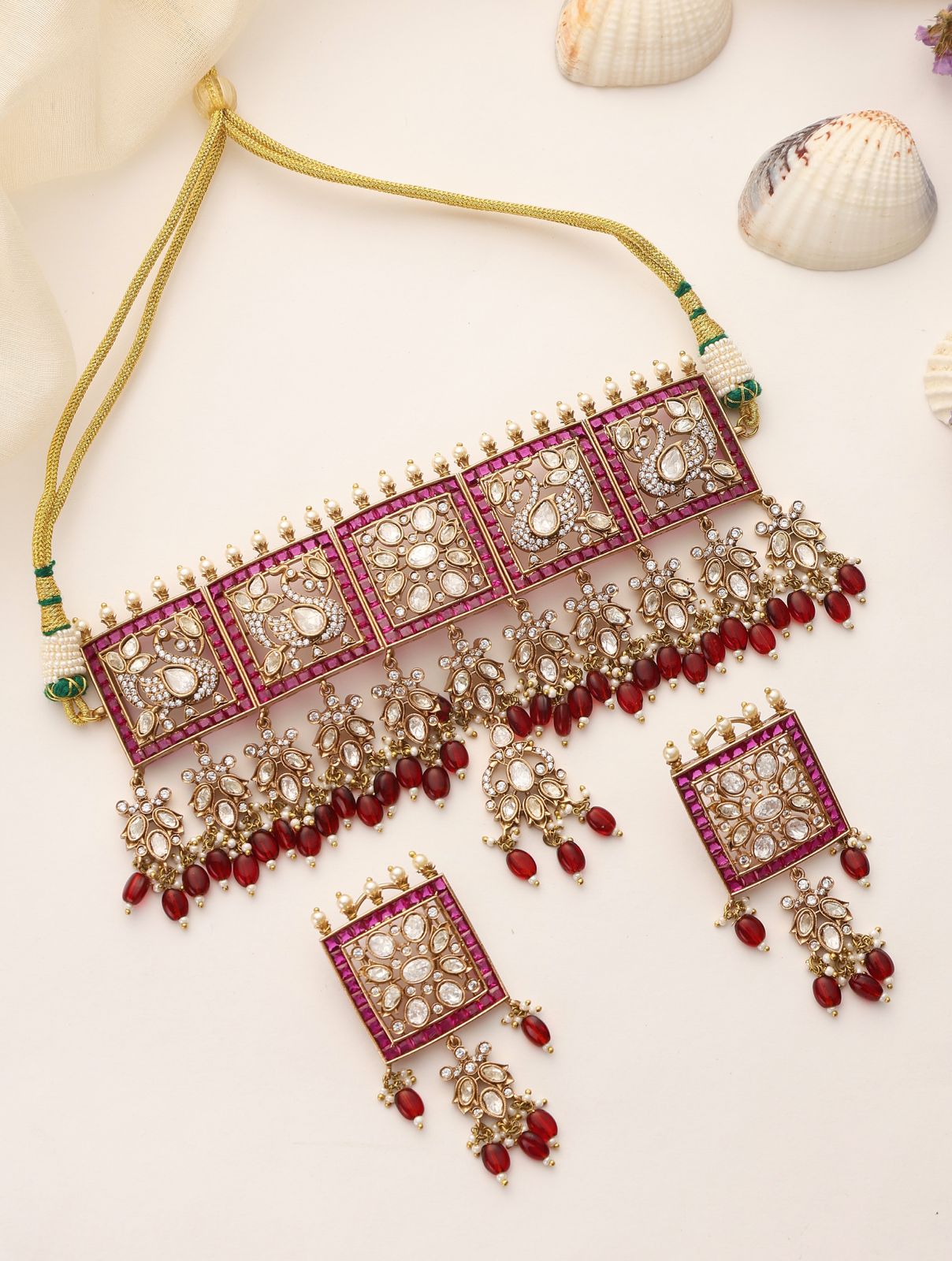 Antique Square Ruby Drop Choker Set with Kundan Stones