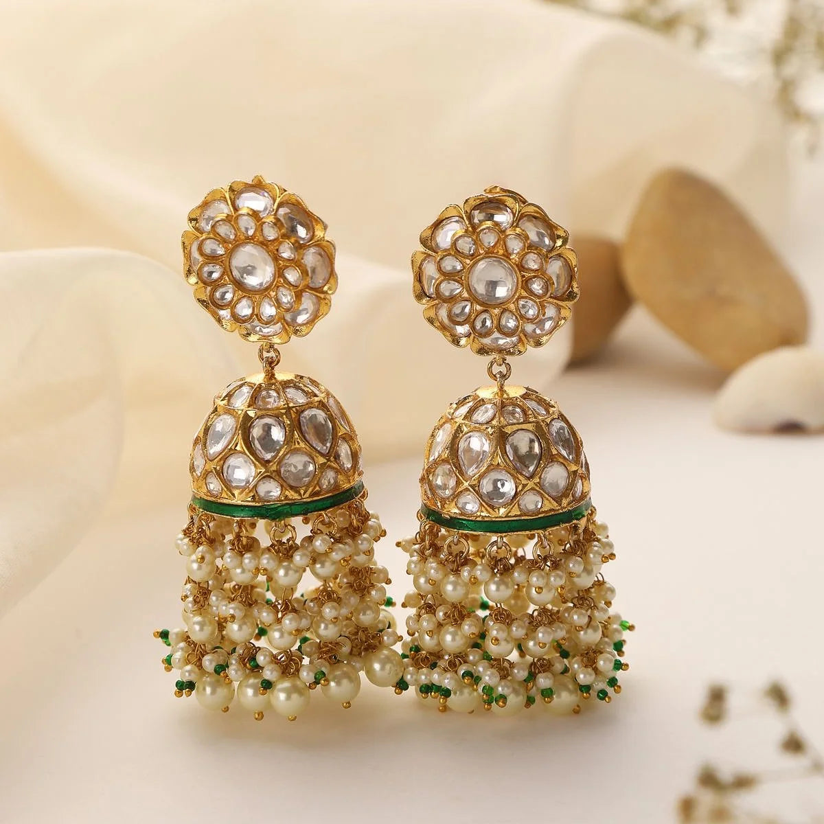 Uncut Polki Pearl Jhumka Earrings with Green Accents