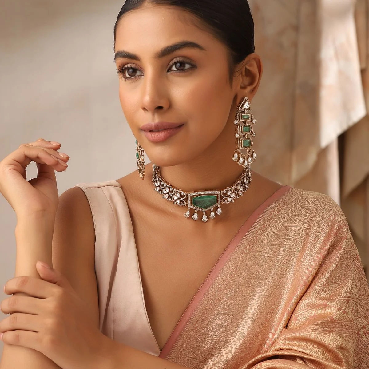Mint Polki Choker Necklace Set with Earrings