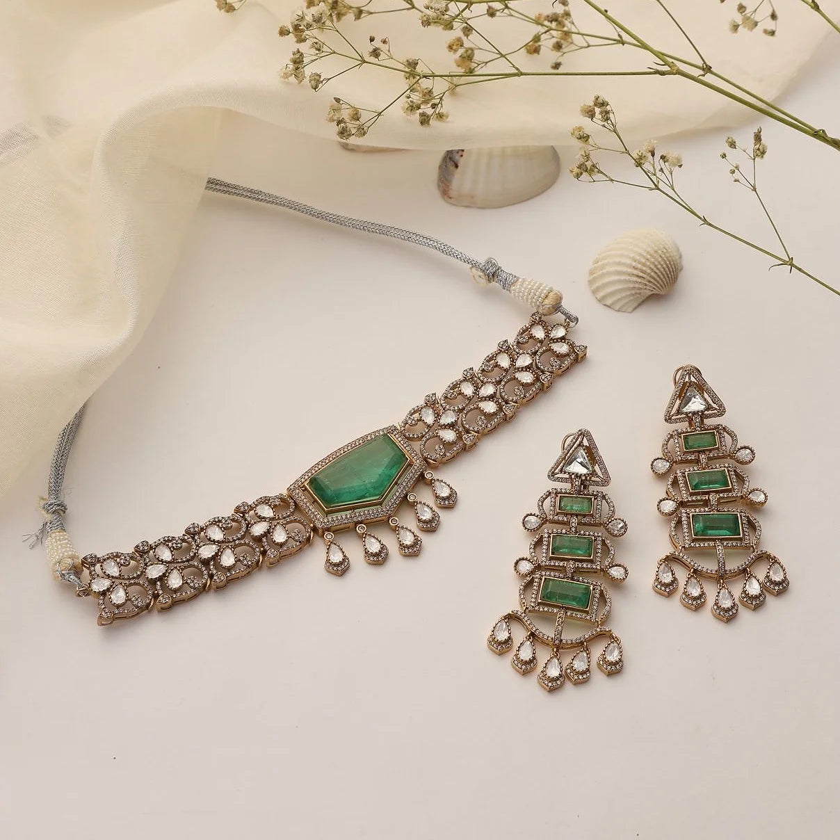 Mint Polki Choker Necklace Set with Earrings