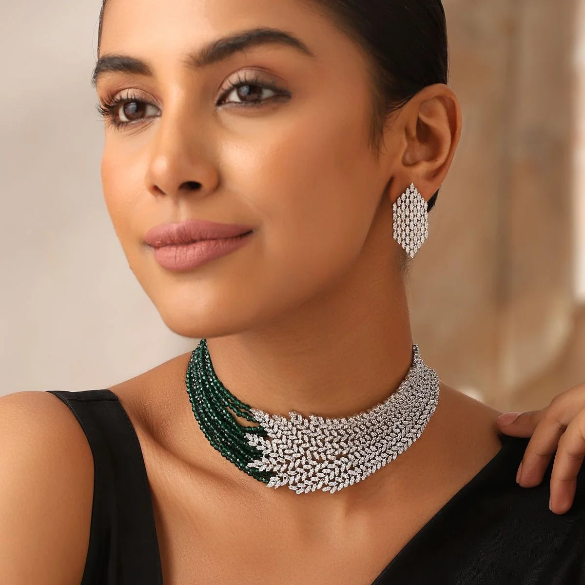 Emerald Cascade CZ Choker Necklace with Earrings – Statement Green & Diamond Finish Set