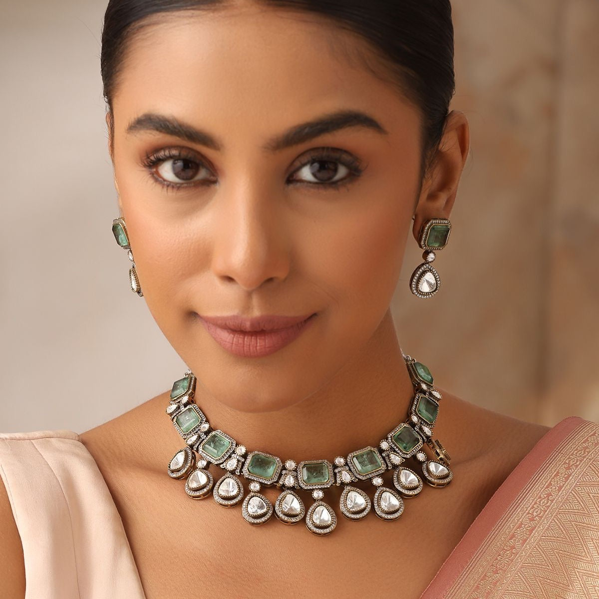 Noorani Mint Uncut Polki Necklace Set with Earrings