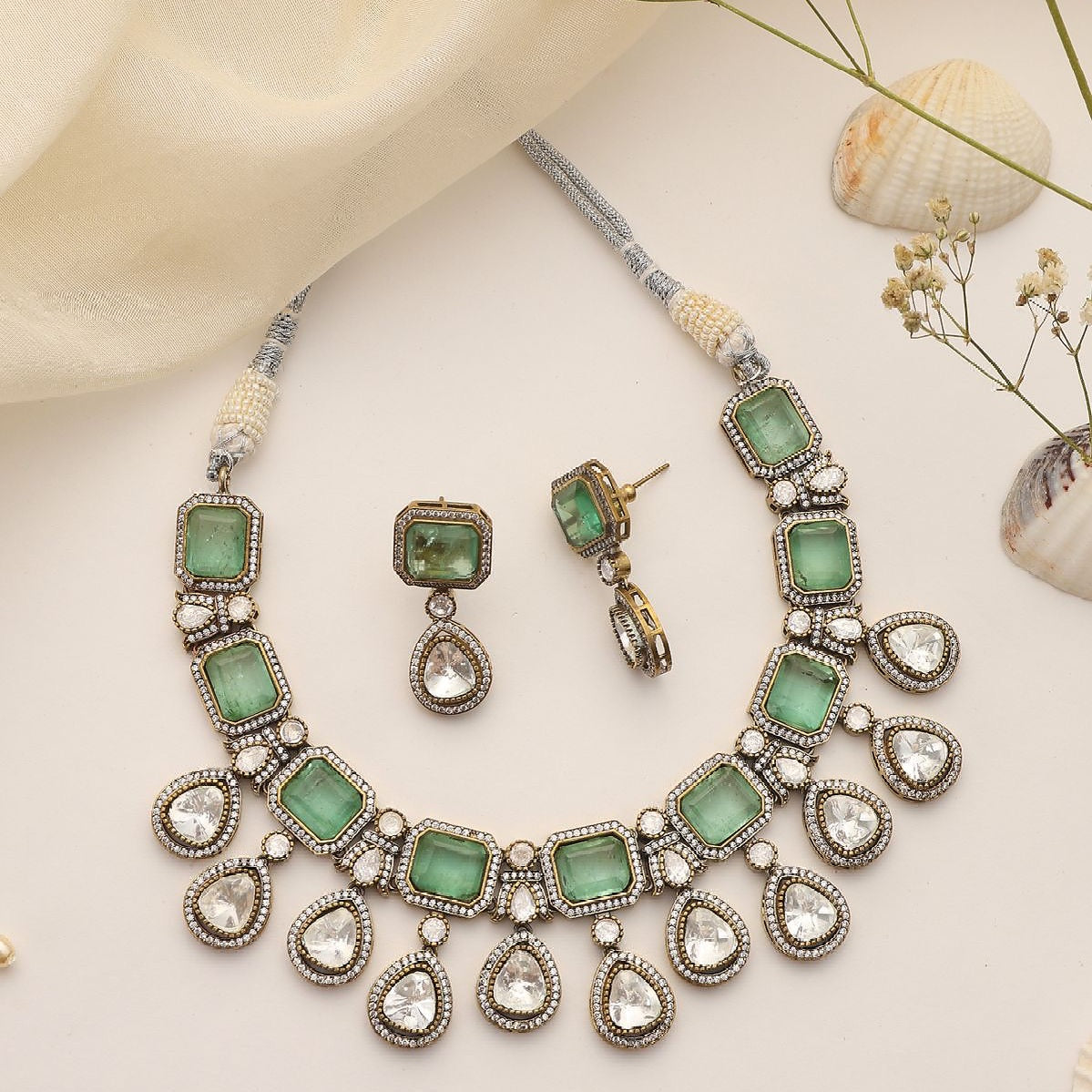 Noorani Mint Uncut Polki Necklace Set with Earrings