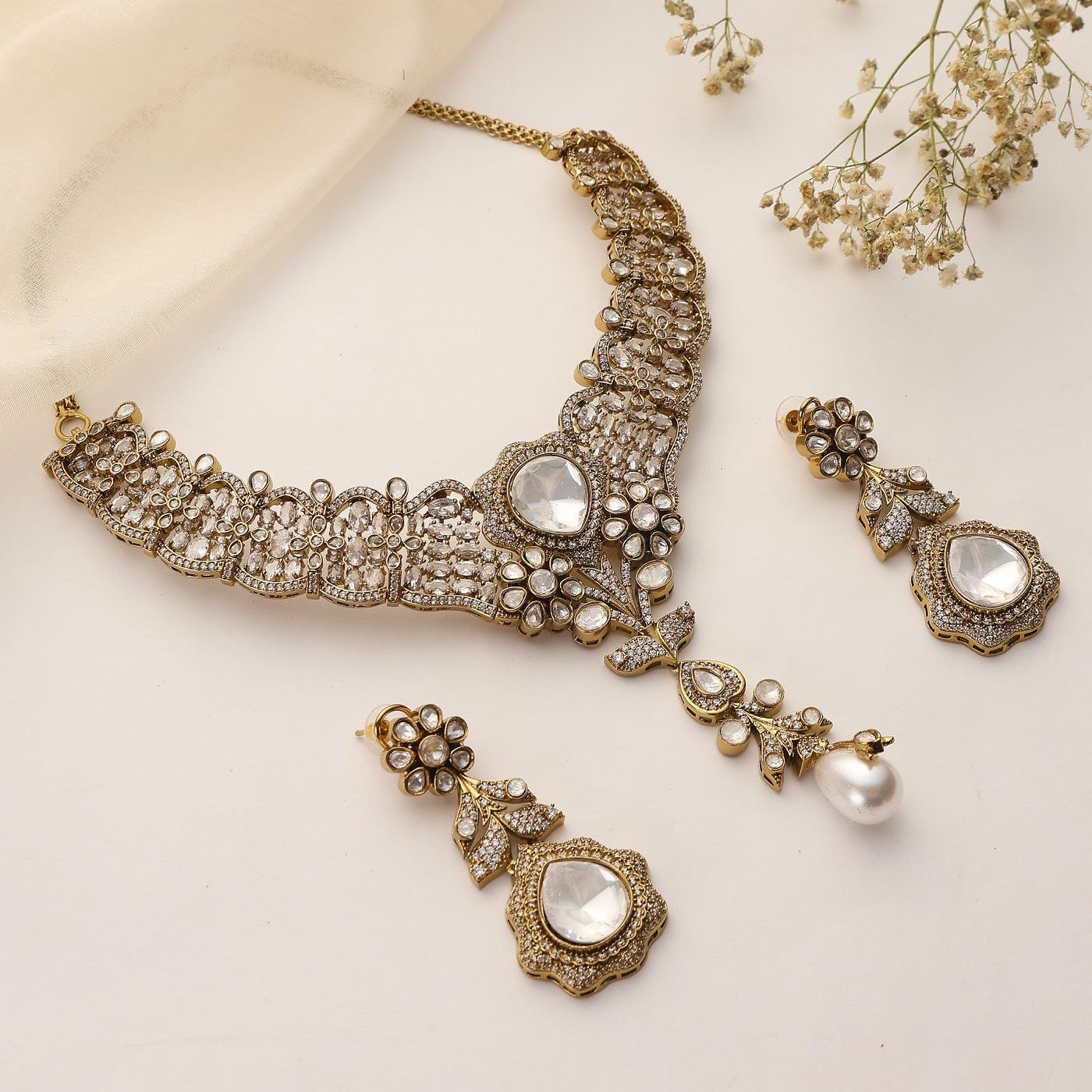 Adhira Polki & Pearl Kundan Necklace Set