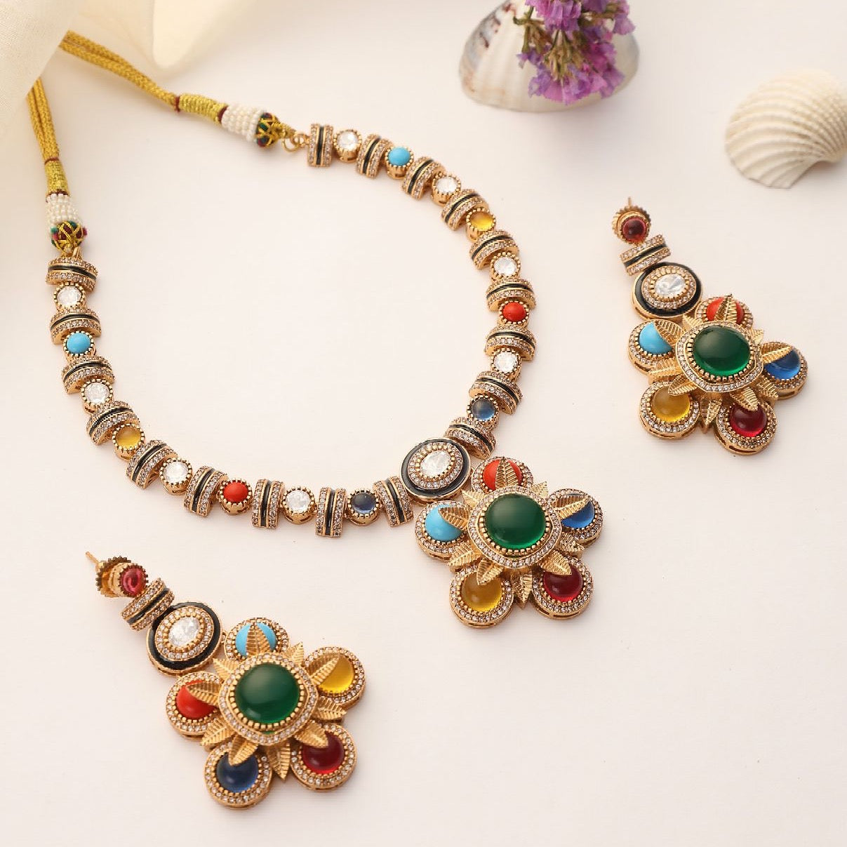 Navrang Multicolor Enamel Kundan Necklace Set with Earrings