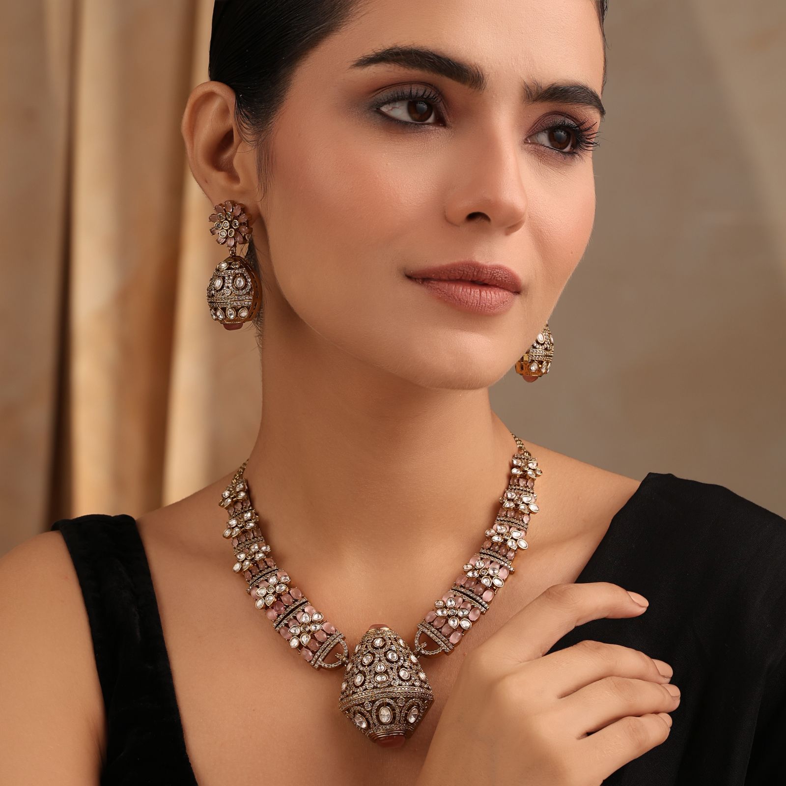 Rajvansh Pink Polki Necklace with Jhumka Earrings – Front View