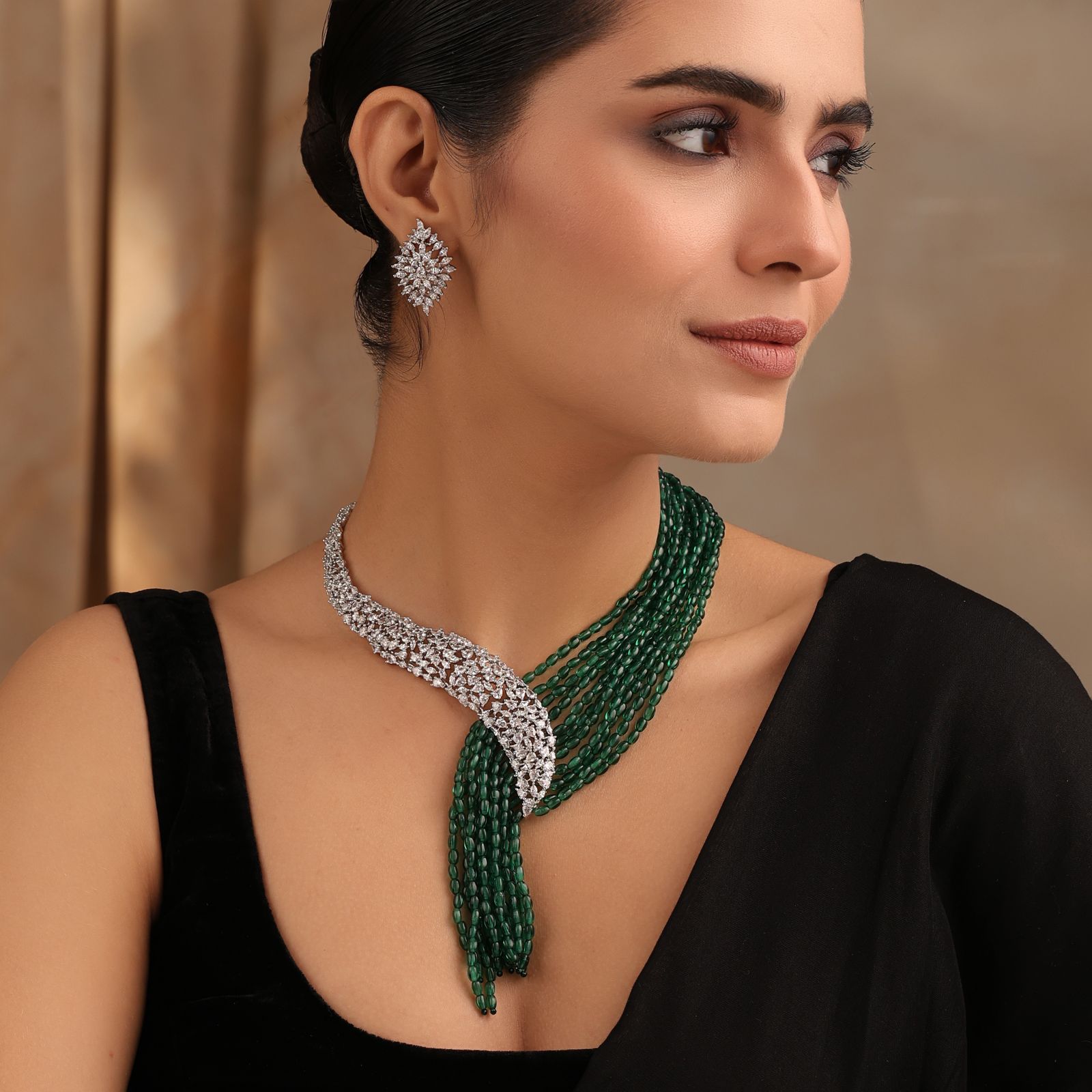 Image 1: Model wearing Green Lariat Necklace Set with diamond accents