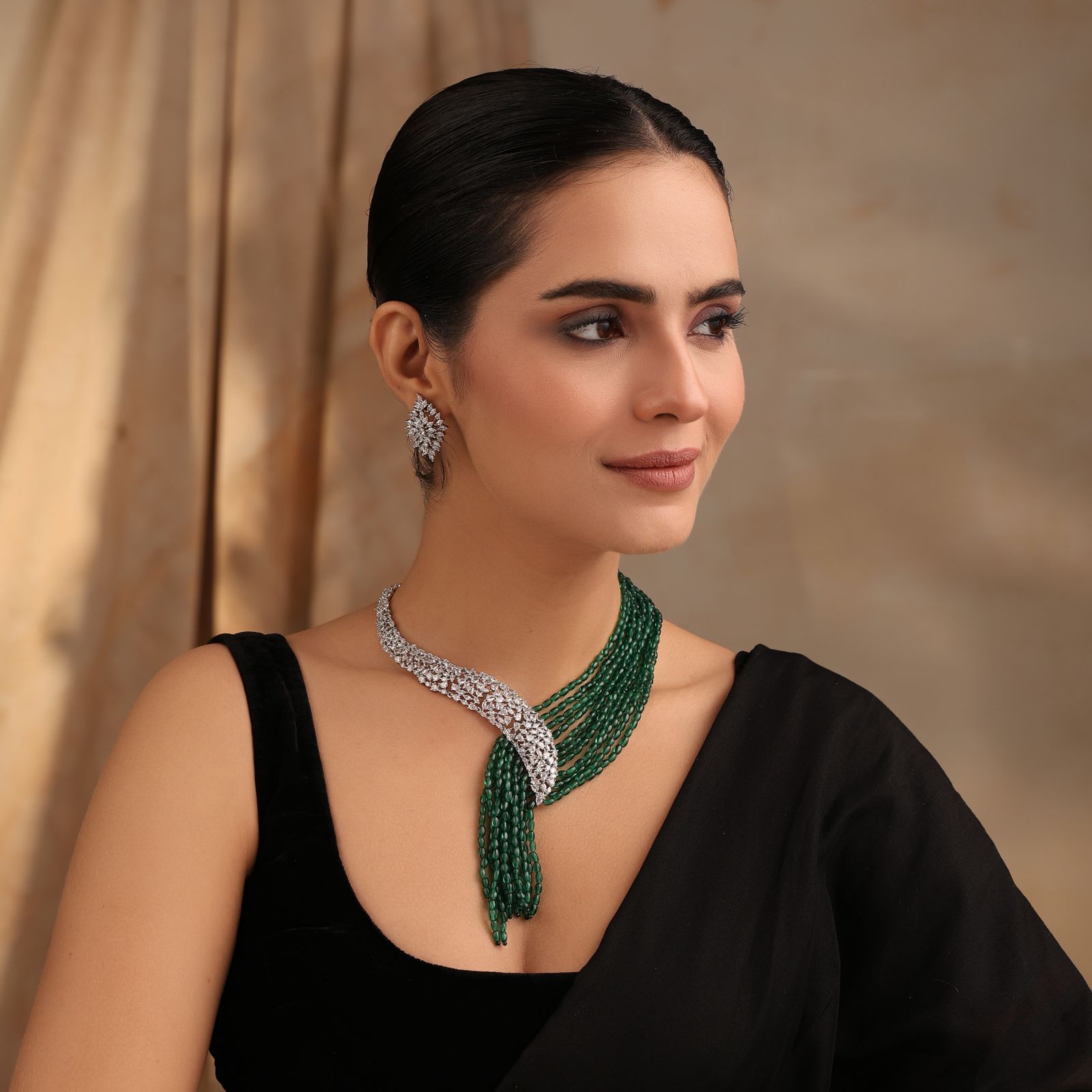 Close-up of Green Lariat Necklace Set with matching earrings