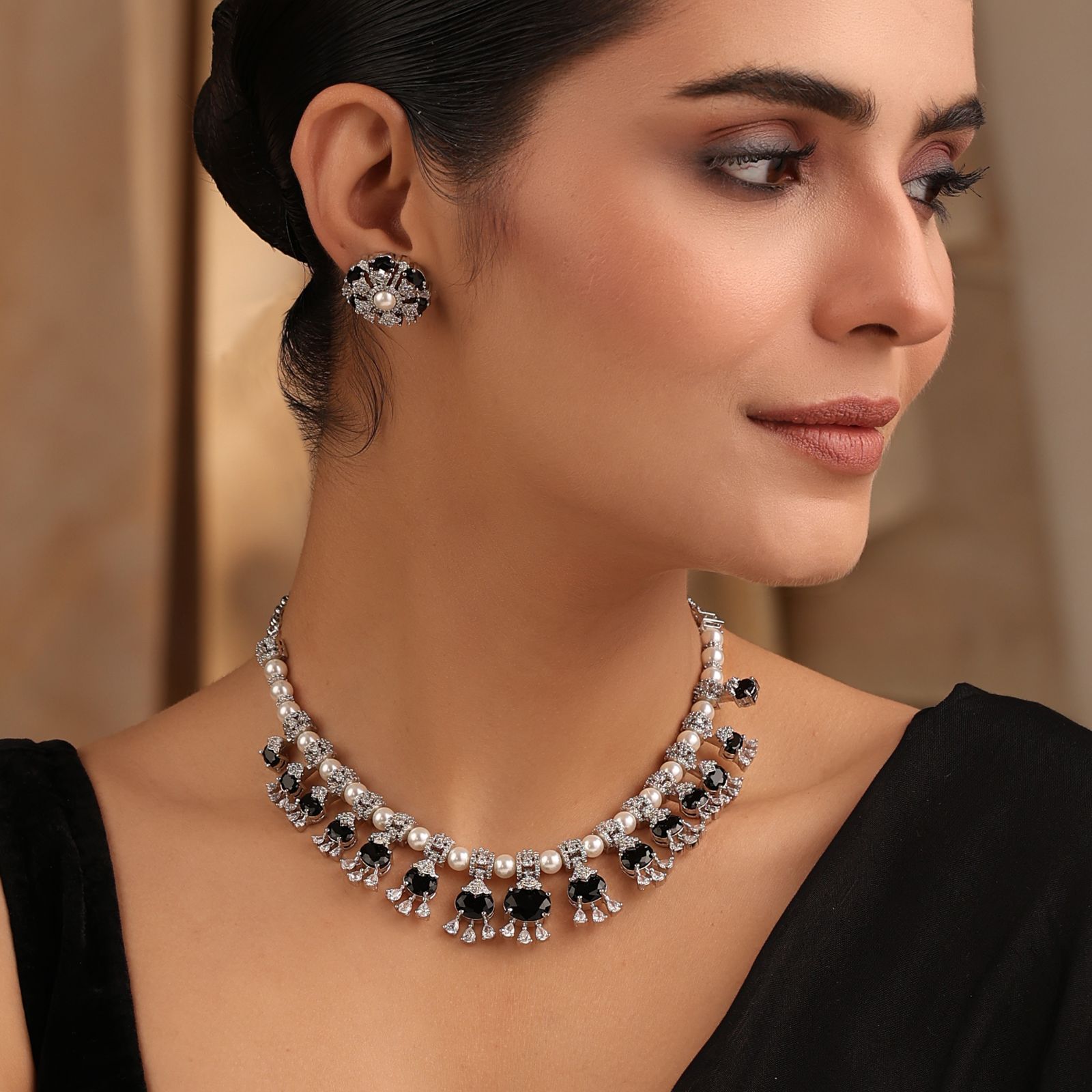 Black Pearl CZ Necklace with Stud Earrings