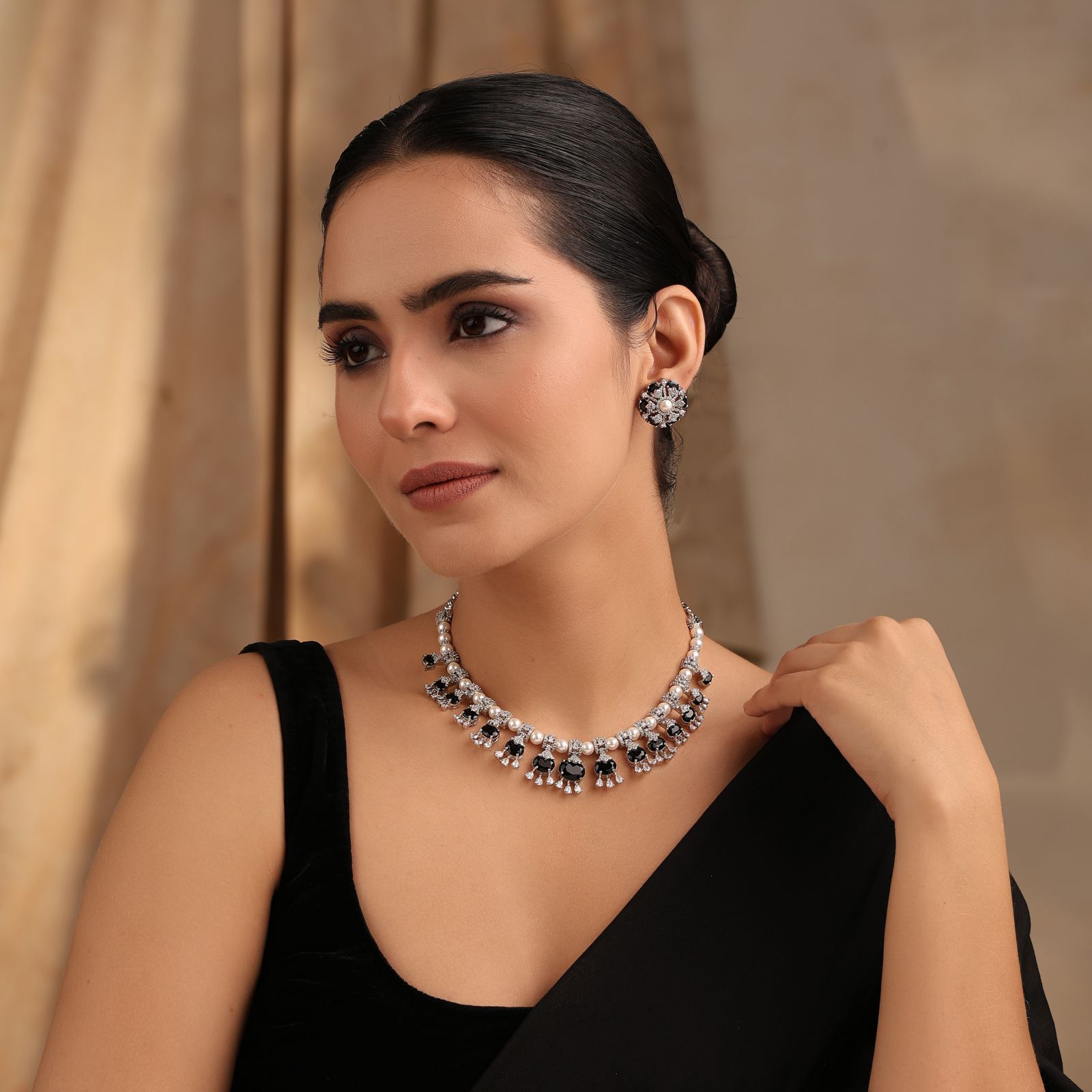 Black Pearl CZ Necklace with Stud Earrings