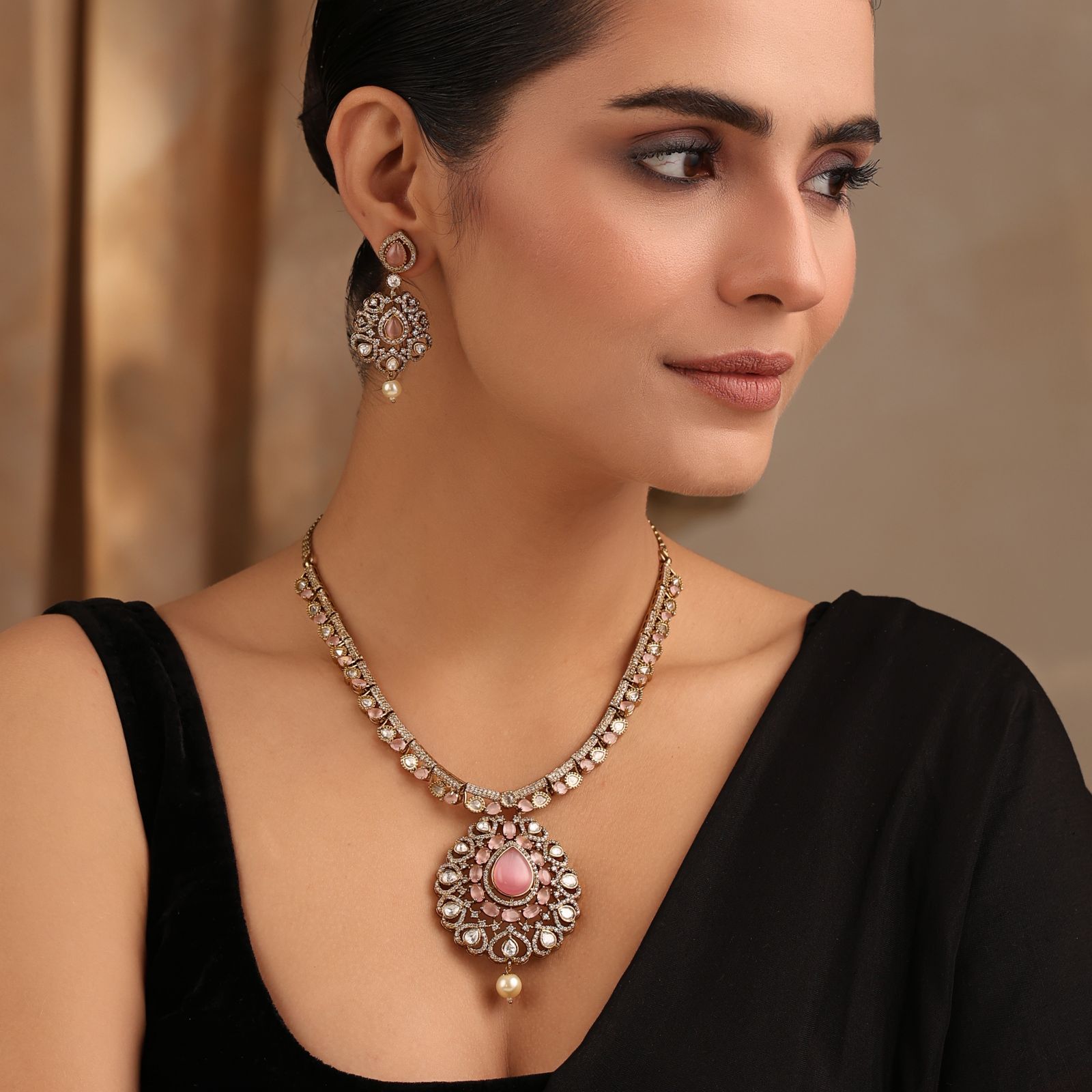 Nivara Pink Polki Necklace Set (with Earrings)
