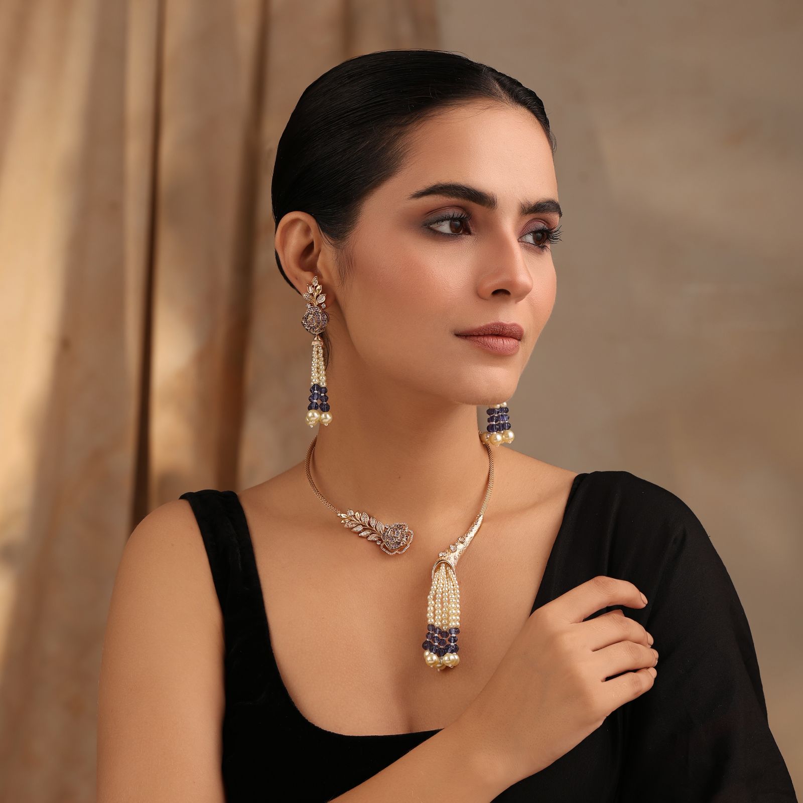 Nure Purple Tassel Collar Rose Necklace Set with Earrings