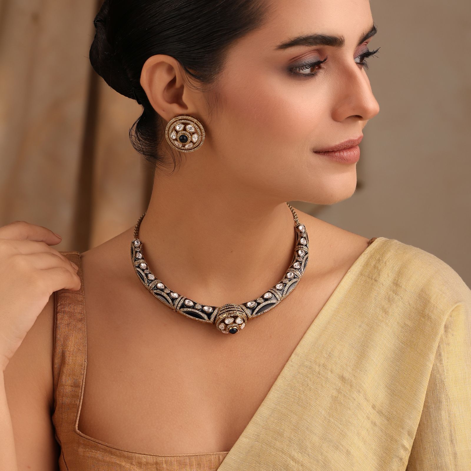 Rudra Blue Kundan Hasli Set in Antique Finish with Earrings