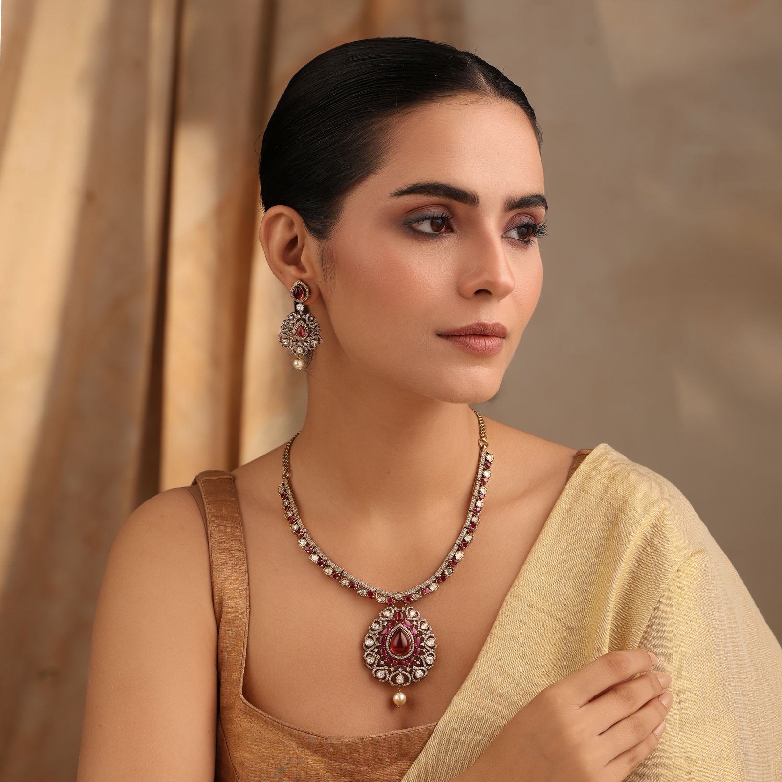 Nivara Ruby Polki Kundan Necklace Set (With Earrings)
