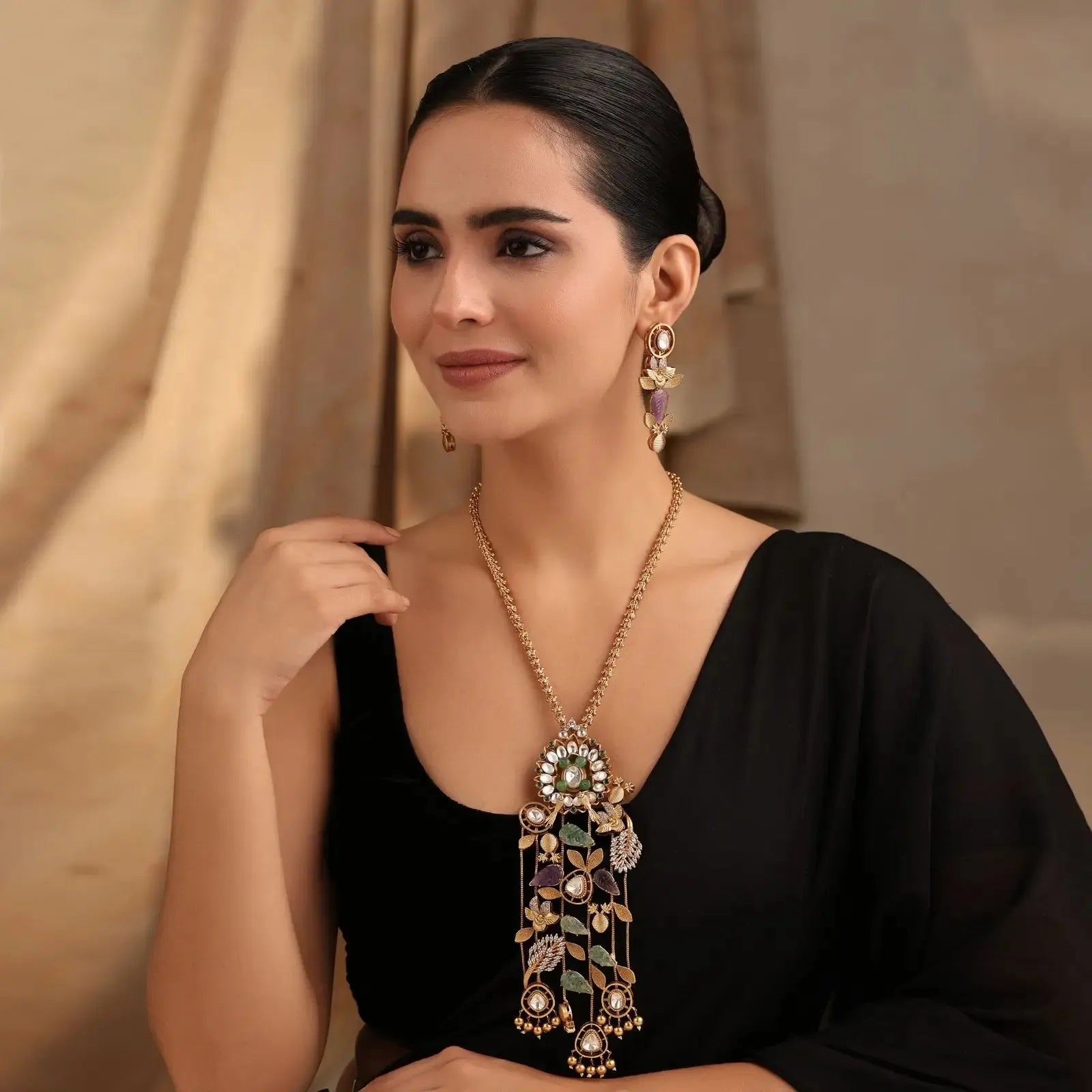 Pastel Leaf Kundan Long Necklace Set (Necklace + Earrings)