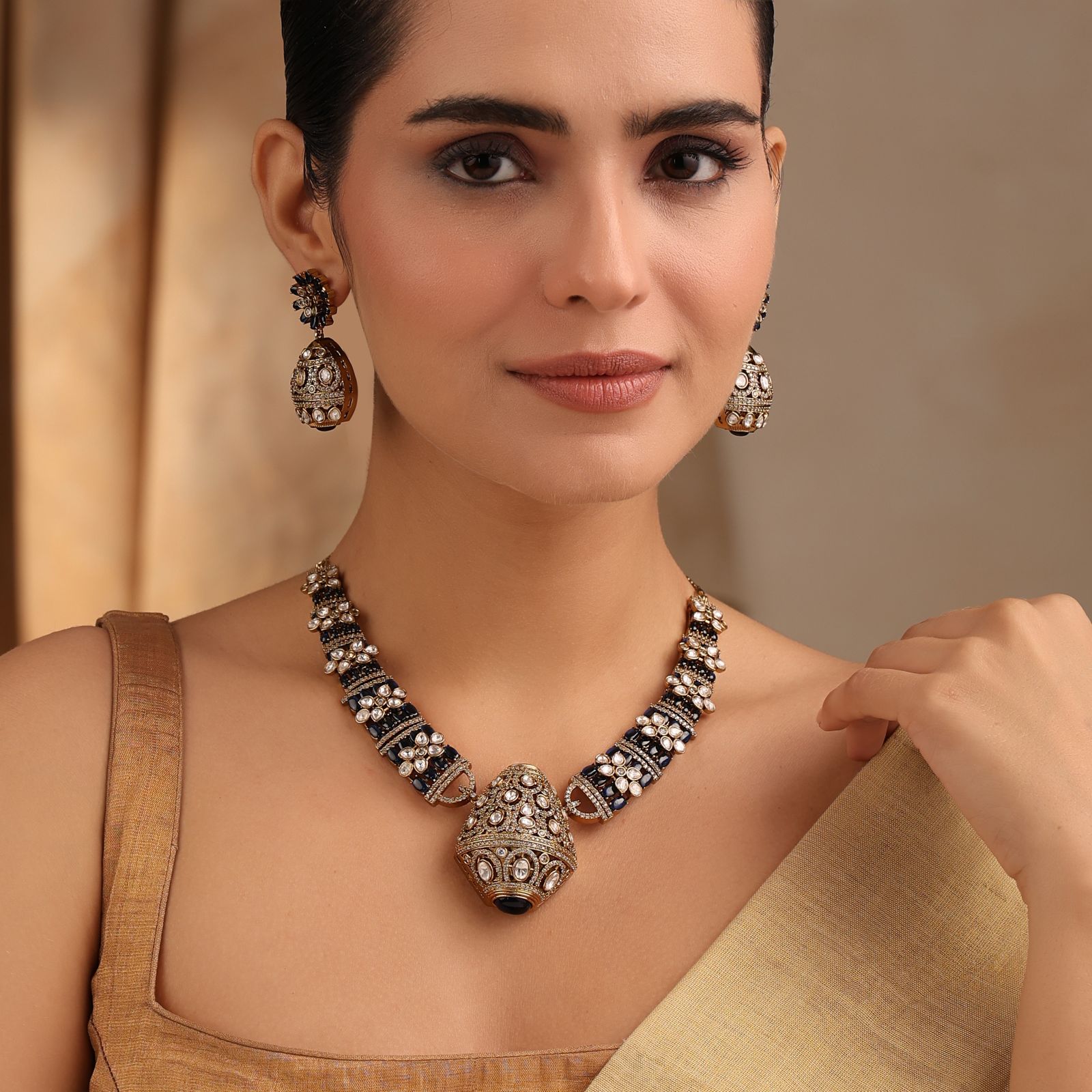 Rajvansh Blue Polki Necklace with Jhumka Earrings (Antique Gold Finish)