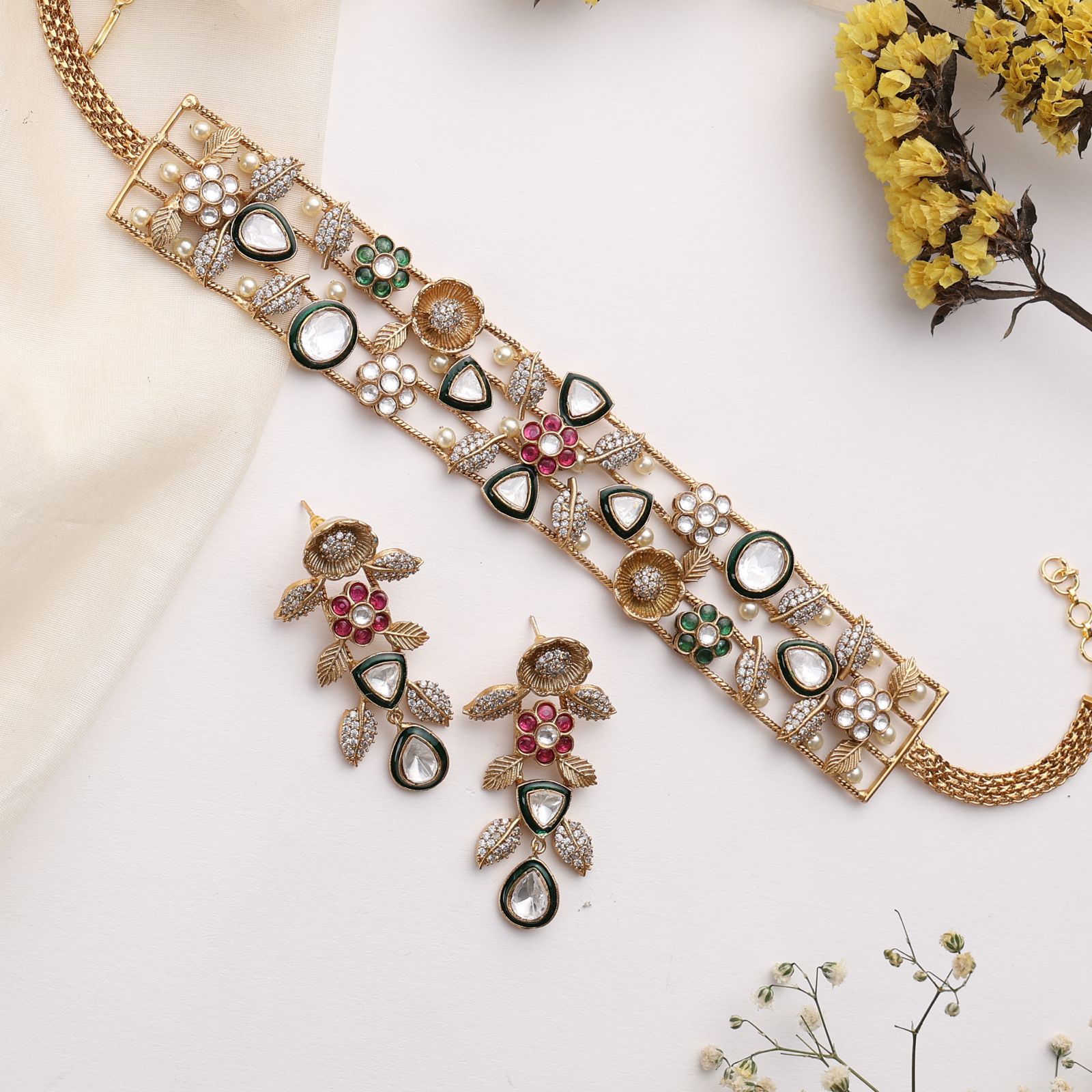 Eira Handmade Fusion Choker – Ruby & Emerald Statement Necklace with Earrings