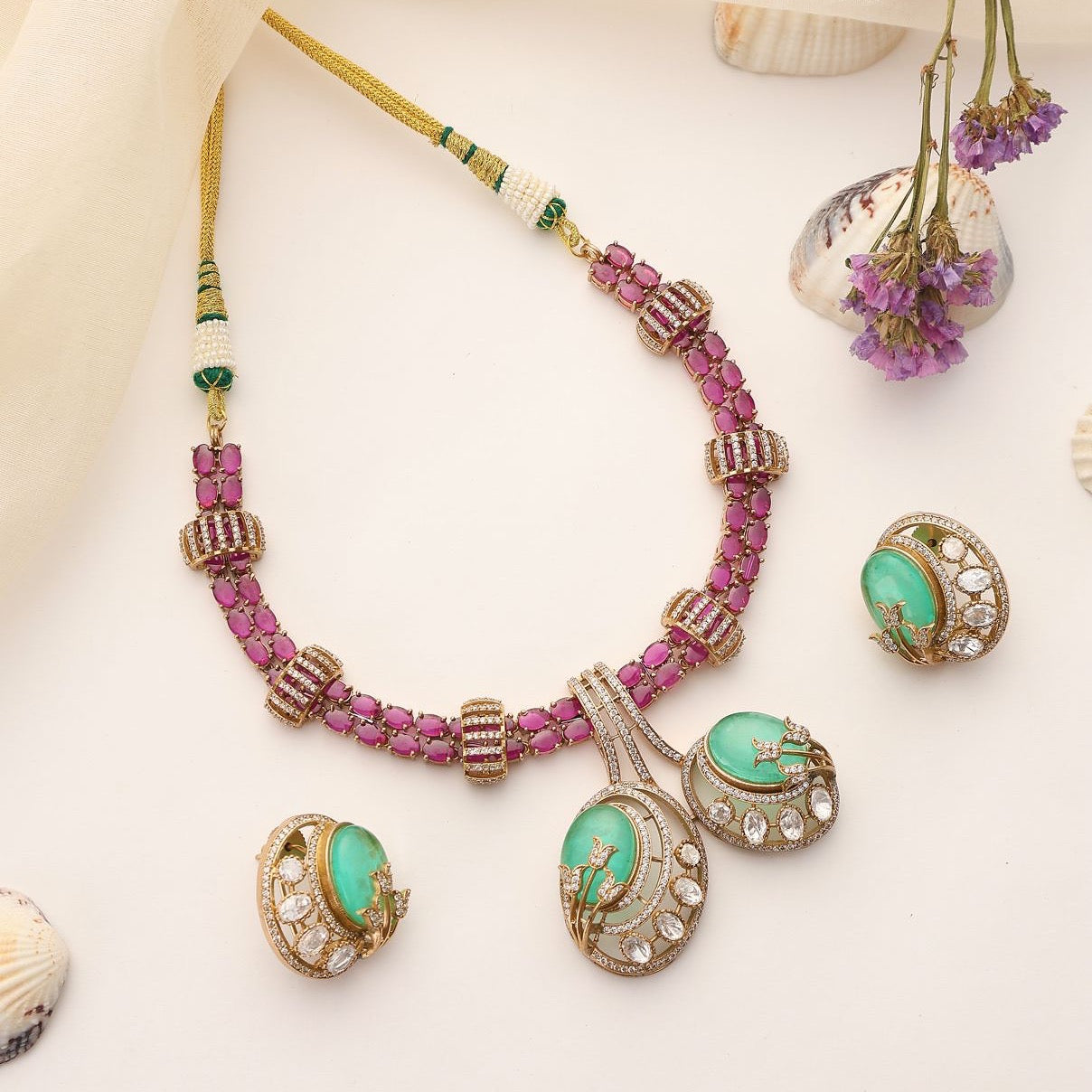 Gulbahar Mint Ruby Polki Necklace Set with Earrings