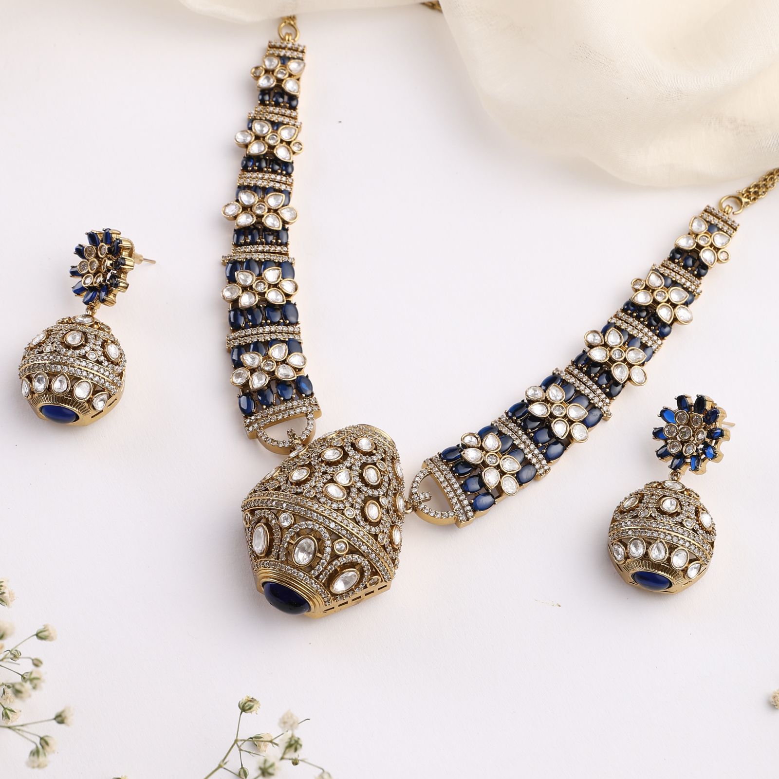 Rajvansh Blue Polki Necklace with Jhumka Earrings (Antique Gold Finish)
